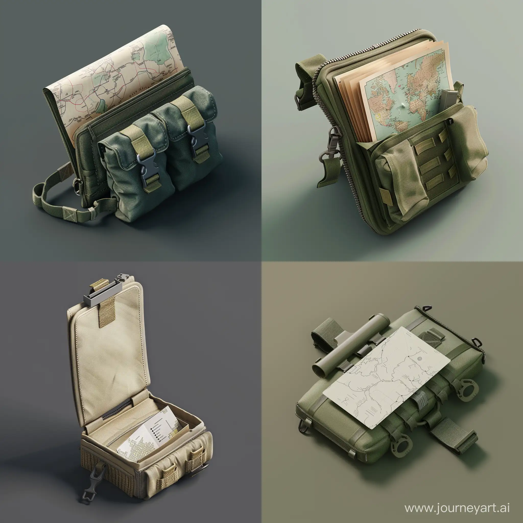 isometric military mapping cartographic set folded paper sticking out of mini long opened tactical pouch folder, 3d render, tarkov style