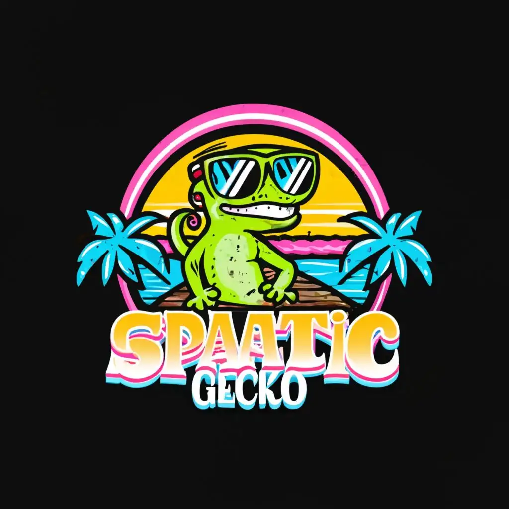 logo, create a crazy gecko wearing 80s style clothing, sunglasses lounging at a tiki beach bar, Neon, Minimal, Contour, black Background, Detailed, with the text "Spastic Gecko", typography, be used in Entertainment industry