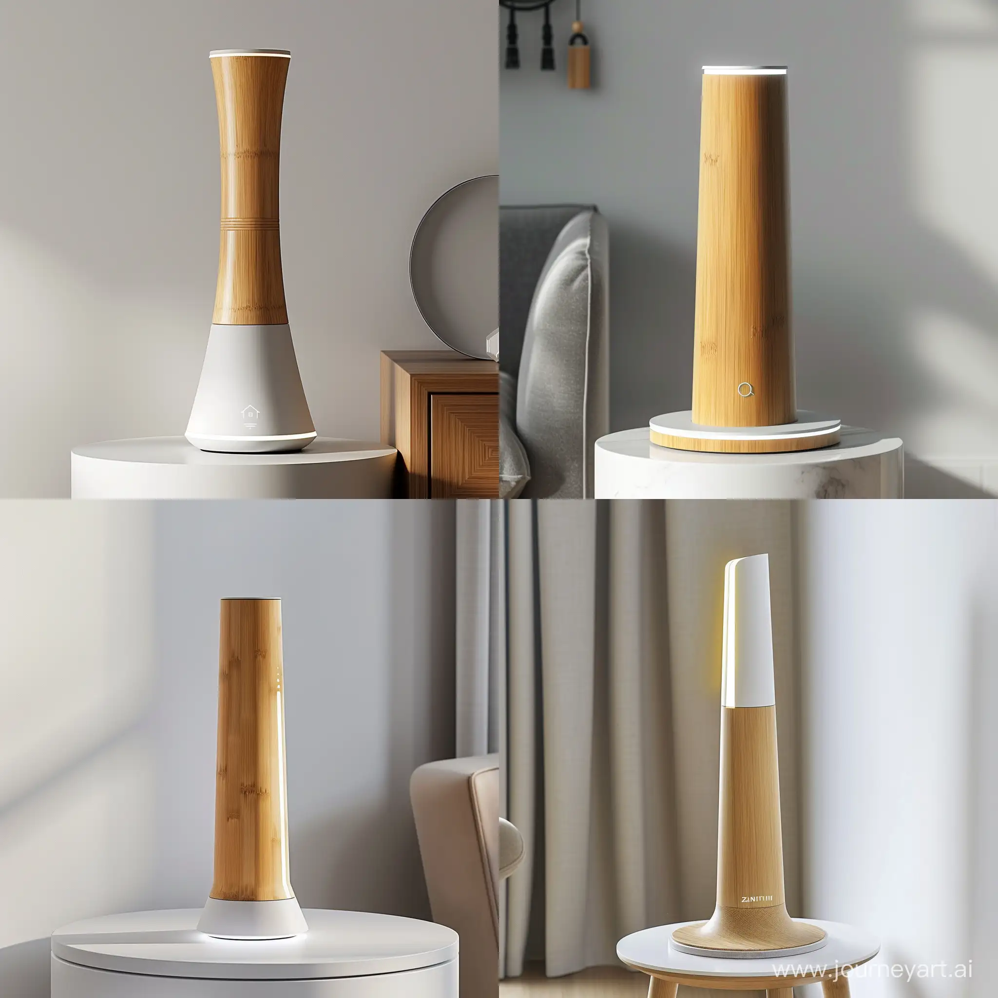 Visualize the Zenith Energy Gateway inspired of zen garden bamboo form and structure  as a pinnacle of smart home energy management, blending modern design with environmental consciousness. This device embodies minimalism with its sleek, vertical silhouette, slightly tapered at the top for a subtle dynamic edge. Standing 30 cm tall with an 8 cm circular base diameter, its base is crafted from sustainable bamboo, offering a warm, natural aesthetic that speaks to eco-friendliness. The body, made from recycled plastics, shines in a pristine white or soft light gray, designed to complement any smart home decor with its understated elegance.The Zenith Energy Gateway features discreet, soft LED lighting at its base and edges, providing ambient illumination and notifications in a sophisticated manner. This lighting enhances the device's futuristic appeal, creating a visual connection between the device and its smart home environment.Designed to be both a functional energy management hub and a statement piece of technology, the Gateway stands on a minimalist side table or is mounted on a clean, white wall, integrating seamlessly into the smart home aesthetic. Its form factor and material choice symbolize a commitment to sustainability, innovation, and design excellence, aiming to resonate with modern homeowners who prioritize eco-conscious living without compromising on style.The image should capture the essence of the Zenith Energy Gateway in a contemporary setting, highlighting its role as an elegant, technologically advanced, and environmentally friendly addition to the smart home.product design style