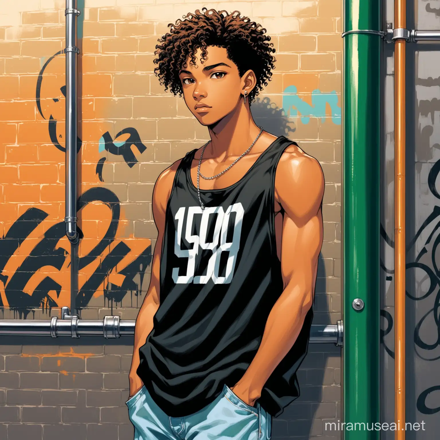 A handsome African American/Mulatto teenager, in semi-realism art-style male in almost semi-anime-like, early twenties, with typical 1990s clothes. Oversized clothes, a black tank top, with baggy jeans, brown eyes, short curly black hair. Standing, half body view, subway painted with graffiti 1990s New York.
