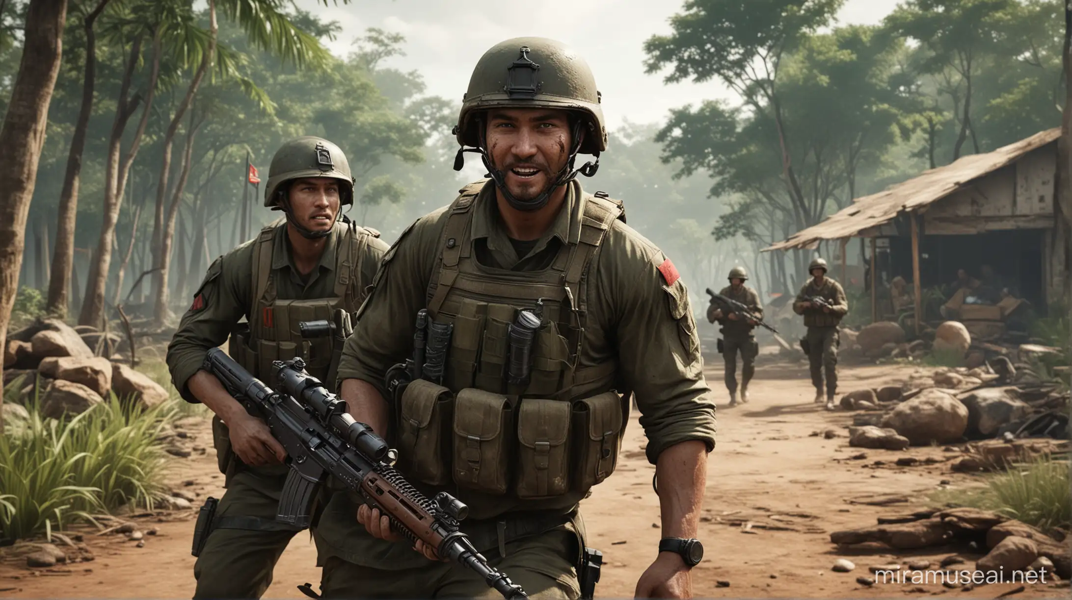 Incursion Red River is a tactical first-person extraction shooter set in war-torn modern day Vietnam zoom in face VIETNAMESE solider and smile