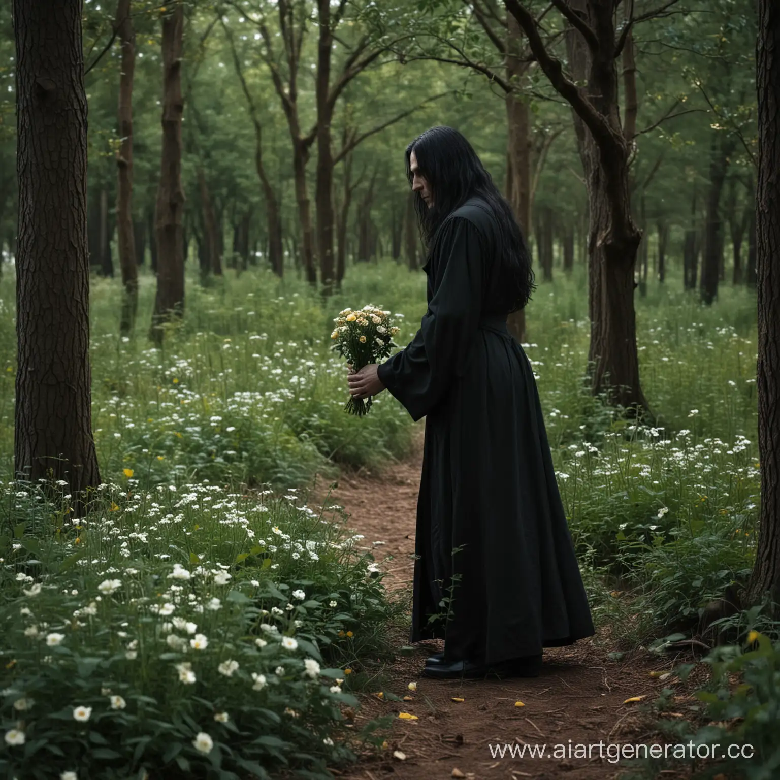 в лесу человек с длиными чеными волосами в черной одежде собирает цветы в тени деревьев, внешность как у северуса снейпа