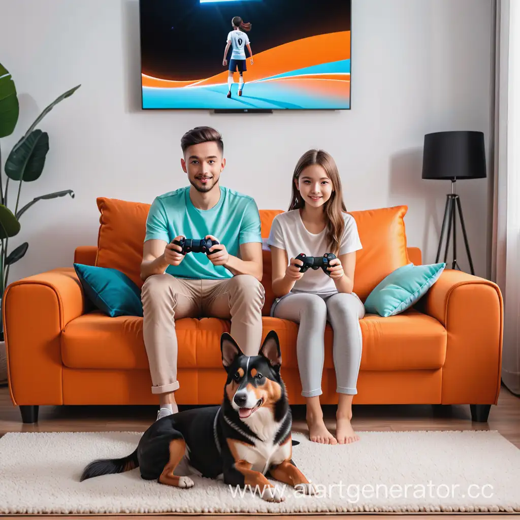 Couple-Relaxing-on-Orange-Couch-with-Dog-and-PS5