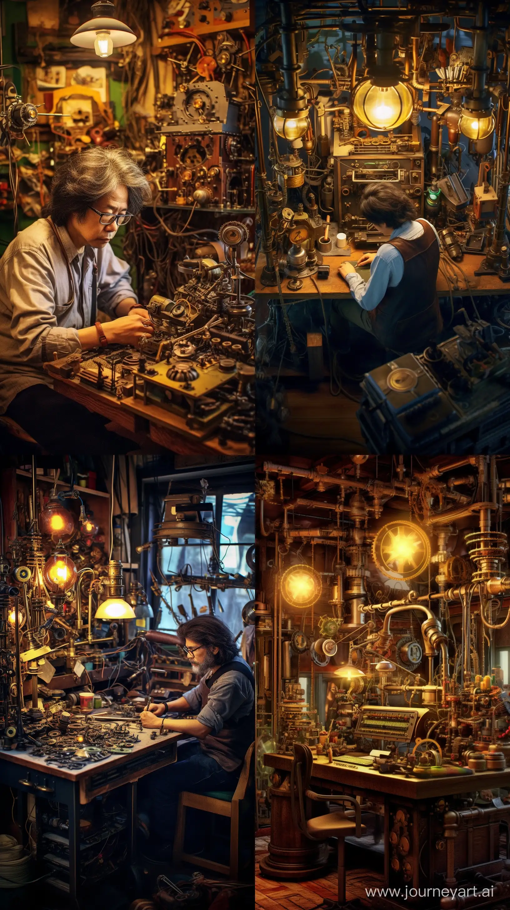 A steampunk inventor's workshop with a website development machine, medium: digital art, style: akin to the works of Kazuhiko Nakamura, lighting: artificial gas lamps, colors: dark wood and metallics, composition: Sony α1, FE 50mm F1.2 GM lens, ISO 200, f/4, shutter speed 1/60, prime lens --ar 9:16 --v 5.1 --style raw --q 2 --s 750