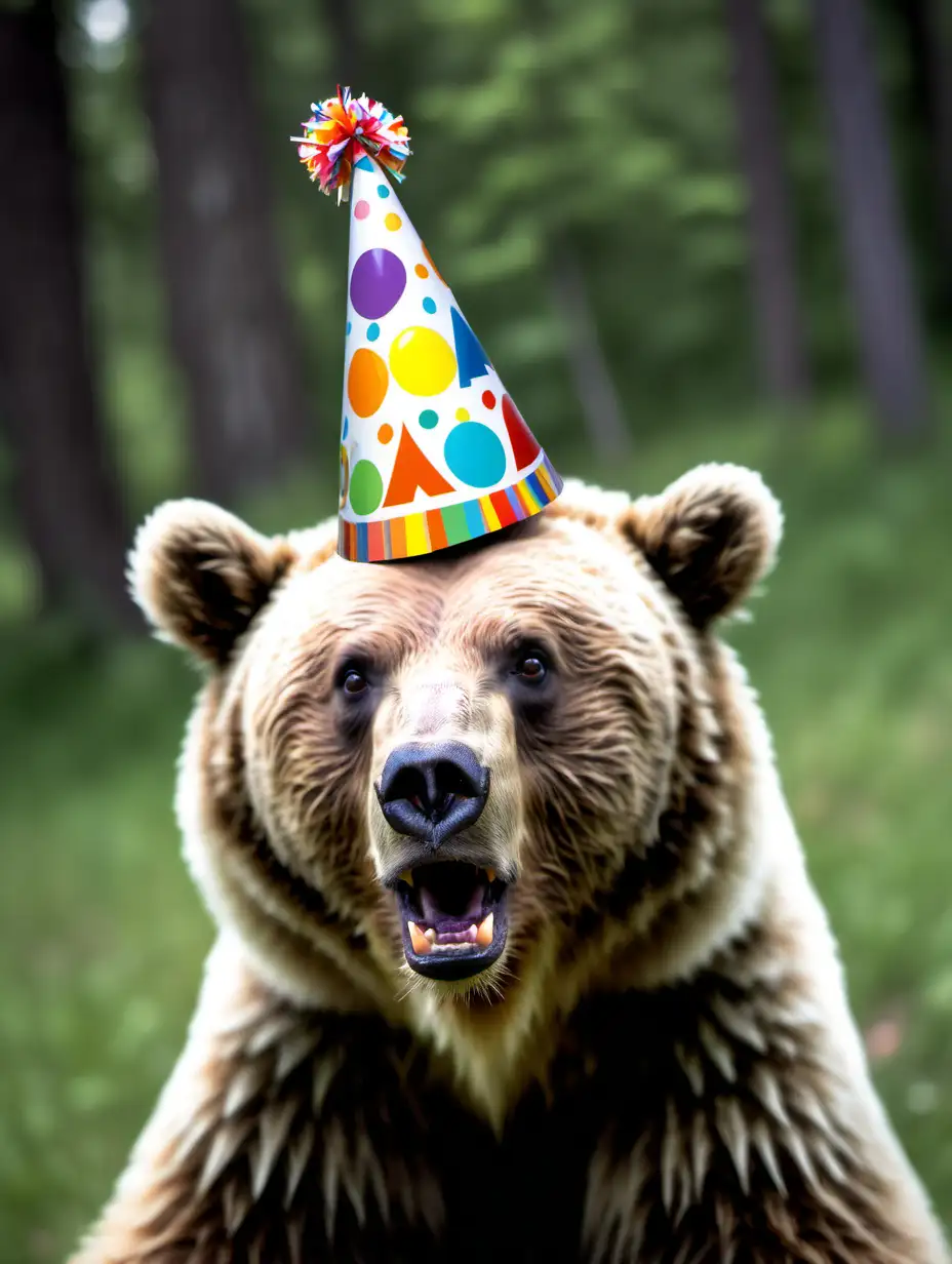 Bear Celebrating Birthday with Party Hat and Gift