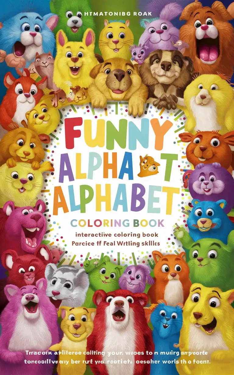 The cover for a children's book titled "Funny Alphabet,"(Each letter in a different color) featuring bright, cheerful cartoon but real animals with letters, in funny poses to attract attention. Bright colors, but harmonious and pleasing to the eye. This is a coloring book with tracing, with ONLY real words