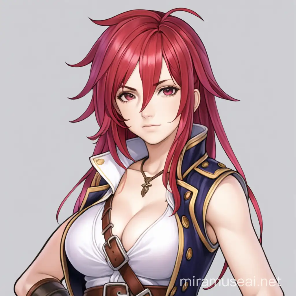 jrpg, adult woman, crimson hair, confident, tomboy, above average breast size, sexy, fantasy, pirate, sleeveless, another eden, waist up fully in view, portrait, no background, facing slightly to the side, staring at the camera