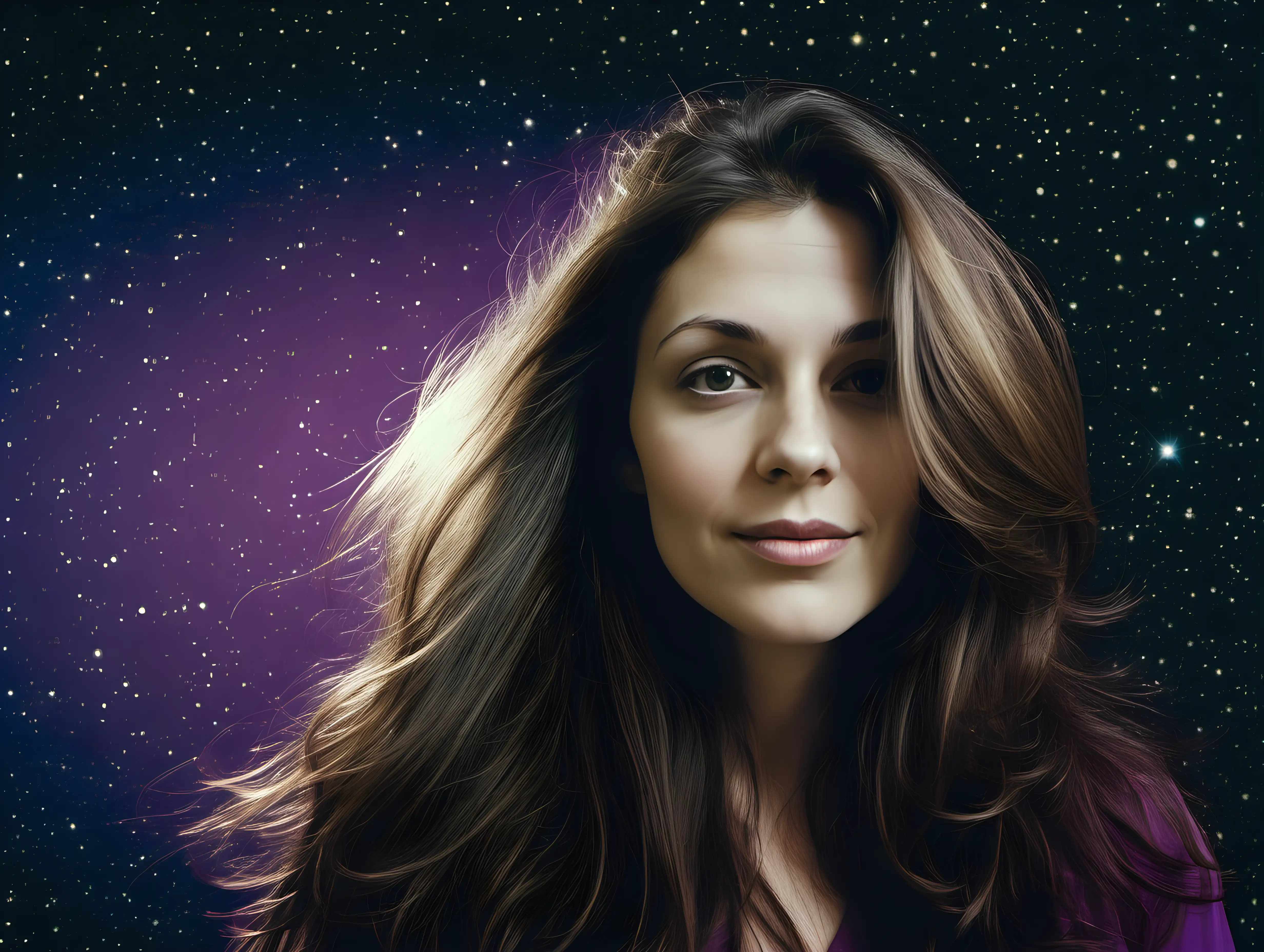 Create a face of a european woman-next-door, long haired around 40 years old, with a space background. Colour scheme should be purple. Make her show more of her left cheek, turning her head a bit to the left, lowering her  chin. Clothing should be modern, everyday looking. Place her to the very right in the picture and integrate the contours of her hair into the background. Cinematic contrast. Kodak Gold 400.