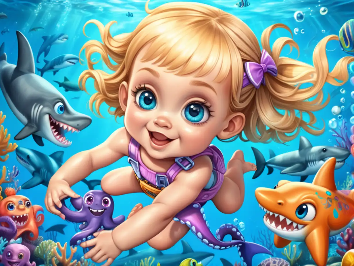 happy cartoon baby girl with big blue eyes and blonde hair, underwater with a colorful octopus & shark, vibrant colors