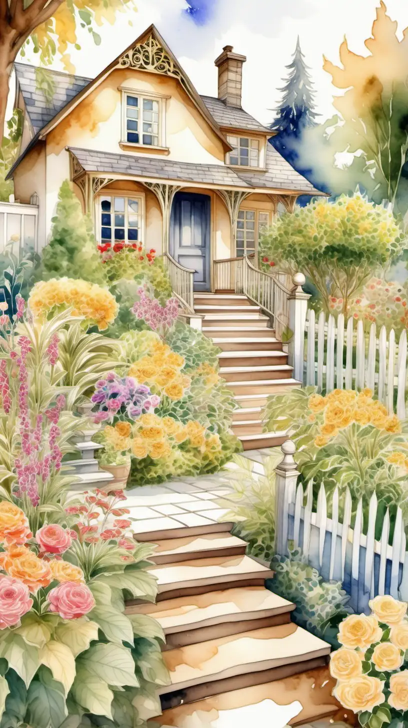 Exquisite Gold Garden at Cottage House Serene Watercolor Landscape