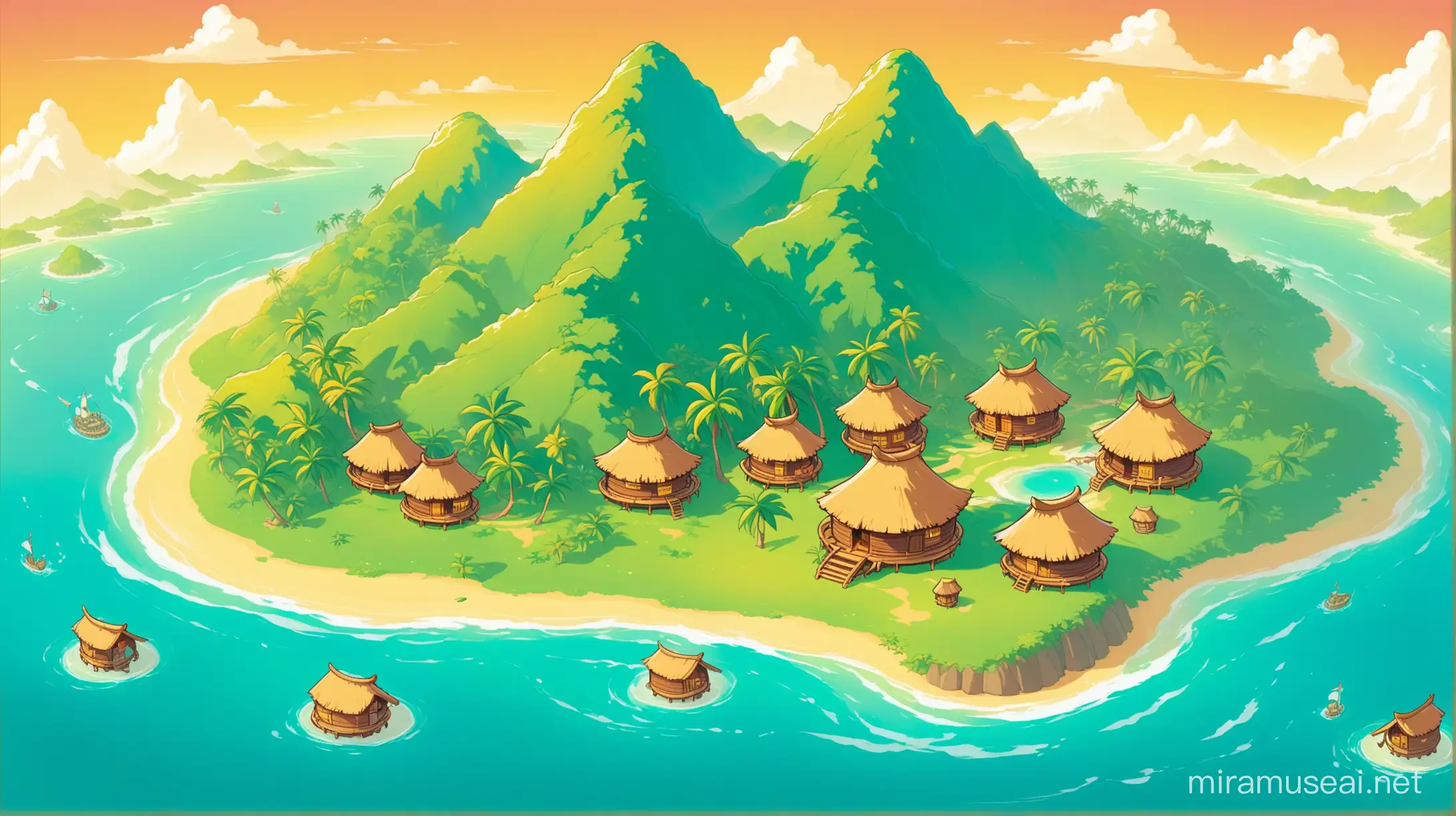 Prise de vue aérienne un peu de côté d'une île, avec une montagne avec des cases mélanésiennes rondes présente sans exagération, style dessin en couleur, avec une inspiration wakfu
