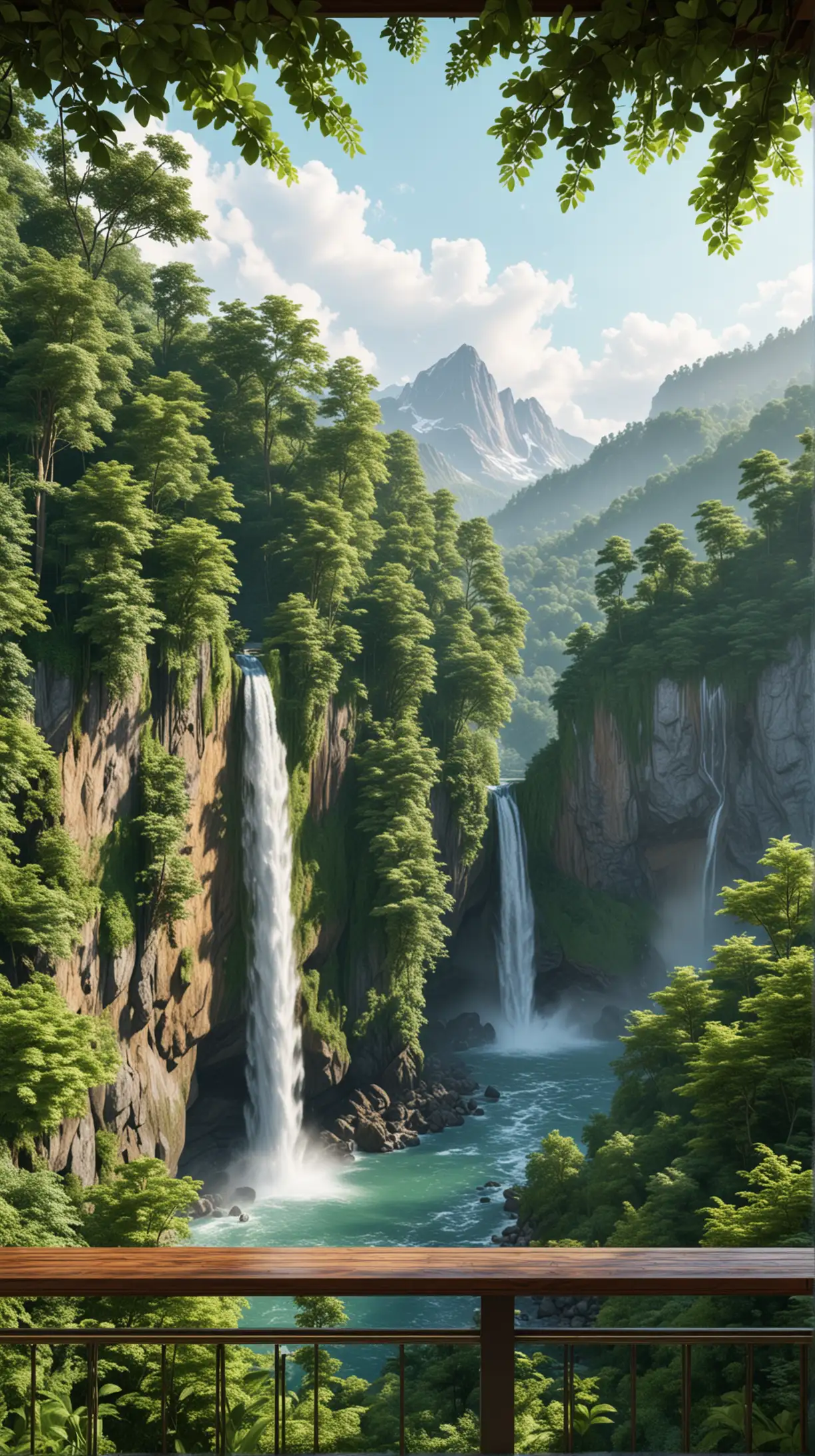 view from balkon made of woods to a lush green forest with waterfall and mount from distance, render 8k, stable diffusion, ultra detailed, acrylic palette colors, realistic, illustration, photography style, 