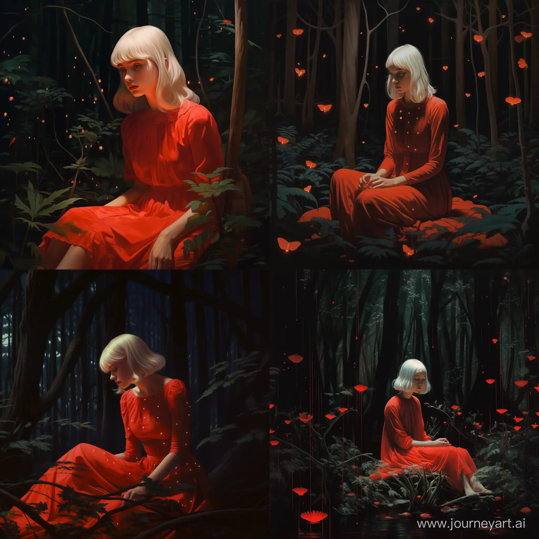 Enchanting-Forest-Scene-with-a-WhiteHaired-Girl-in-a-Lush-Red-Dress