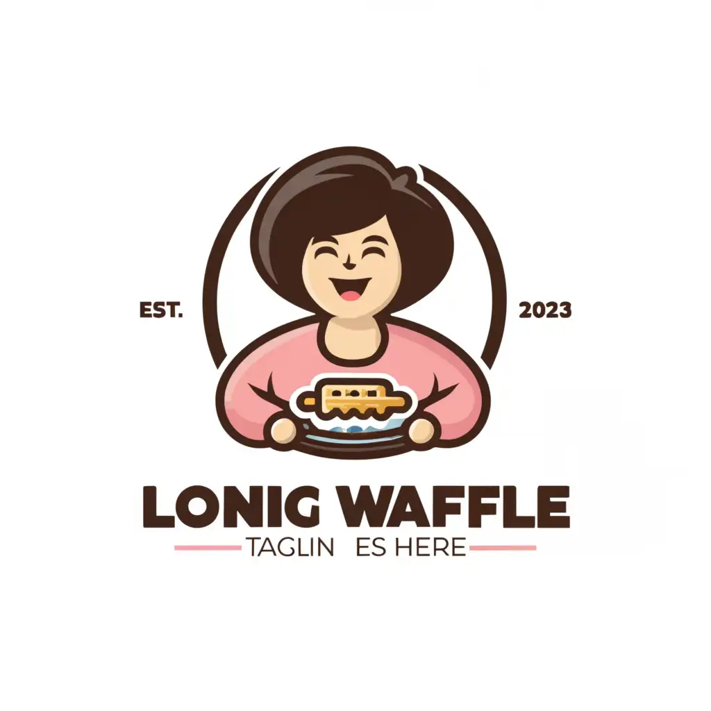 a logo design,with the text "waffle", main symbol:an old fat woman with plain-style-black short hair , who wear pink long-sleeved t-shirt, smile while eat a waffle, white background, without logo name,Minimalistic,be used in Construction industry,clear background