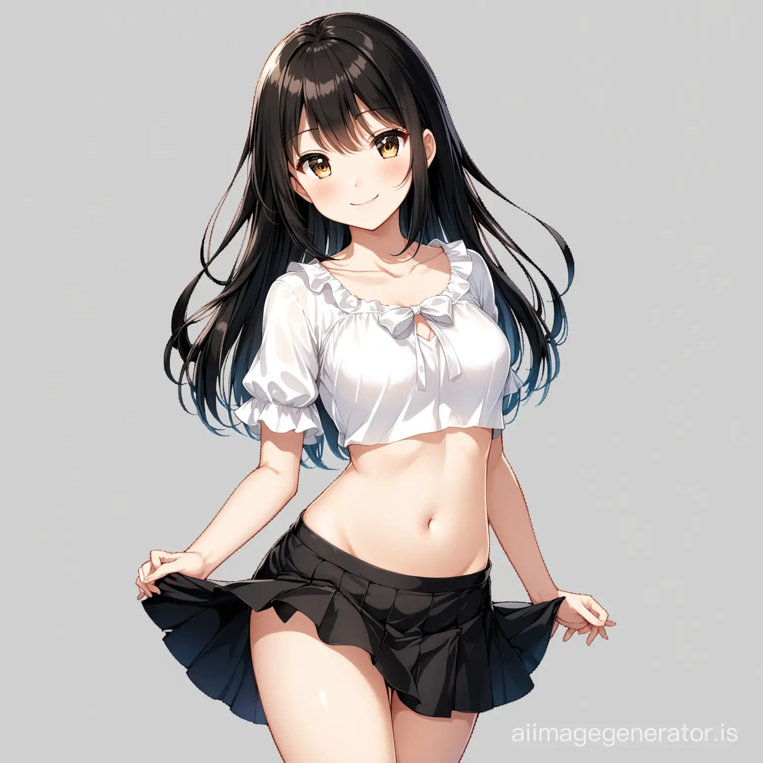 Anime girl with black skirt and white short blouse-top, tummy is visible, with small but beautiful breasts, with black long smooth hair, with a smile, transparent background