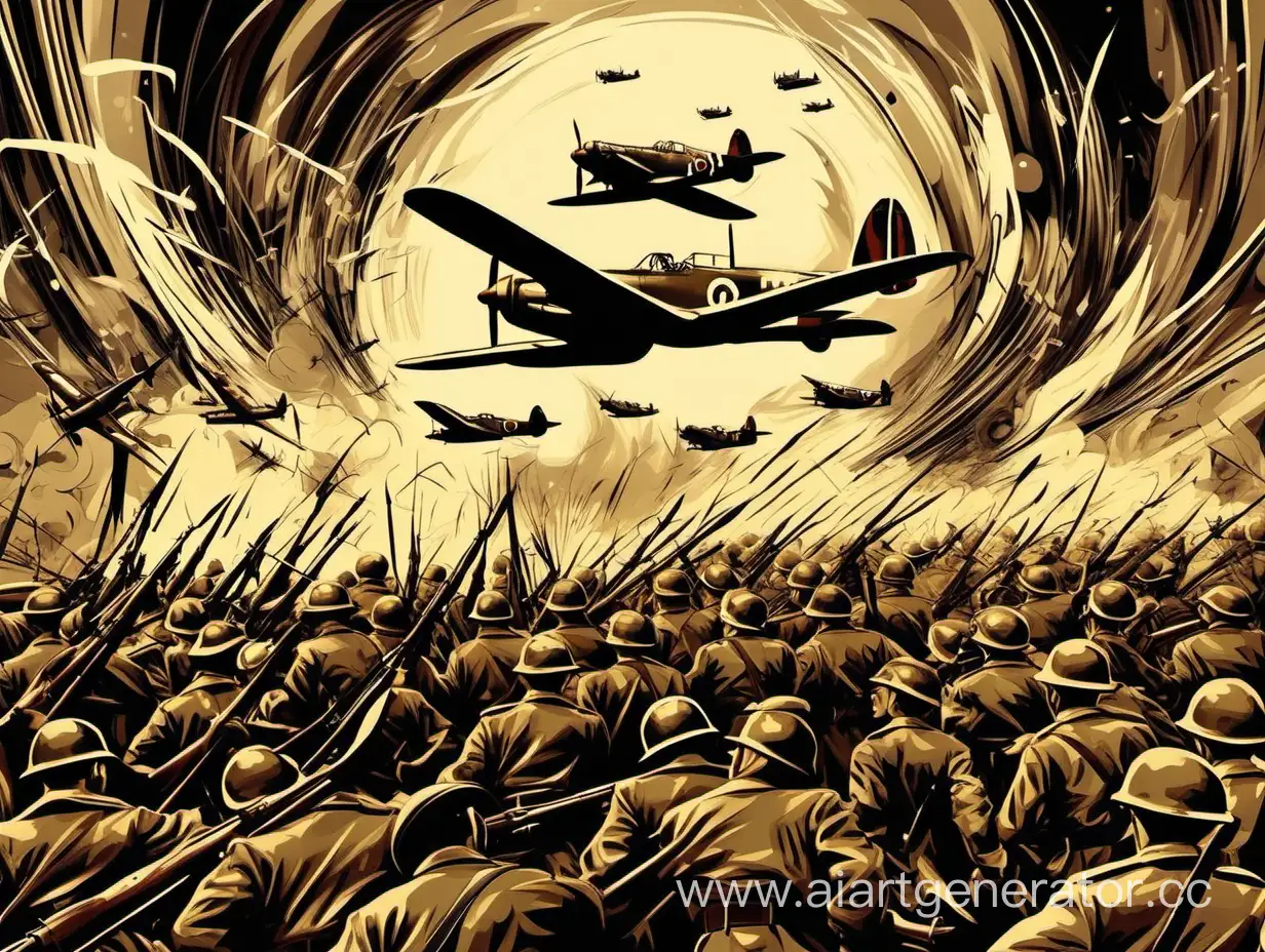 Dynamic-Stylized-Abstract-Depiction-World-War-II-Battle-Scene-with-Soldiers-Explosions-and-Airplanes