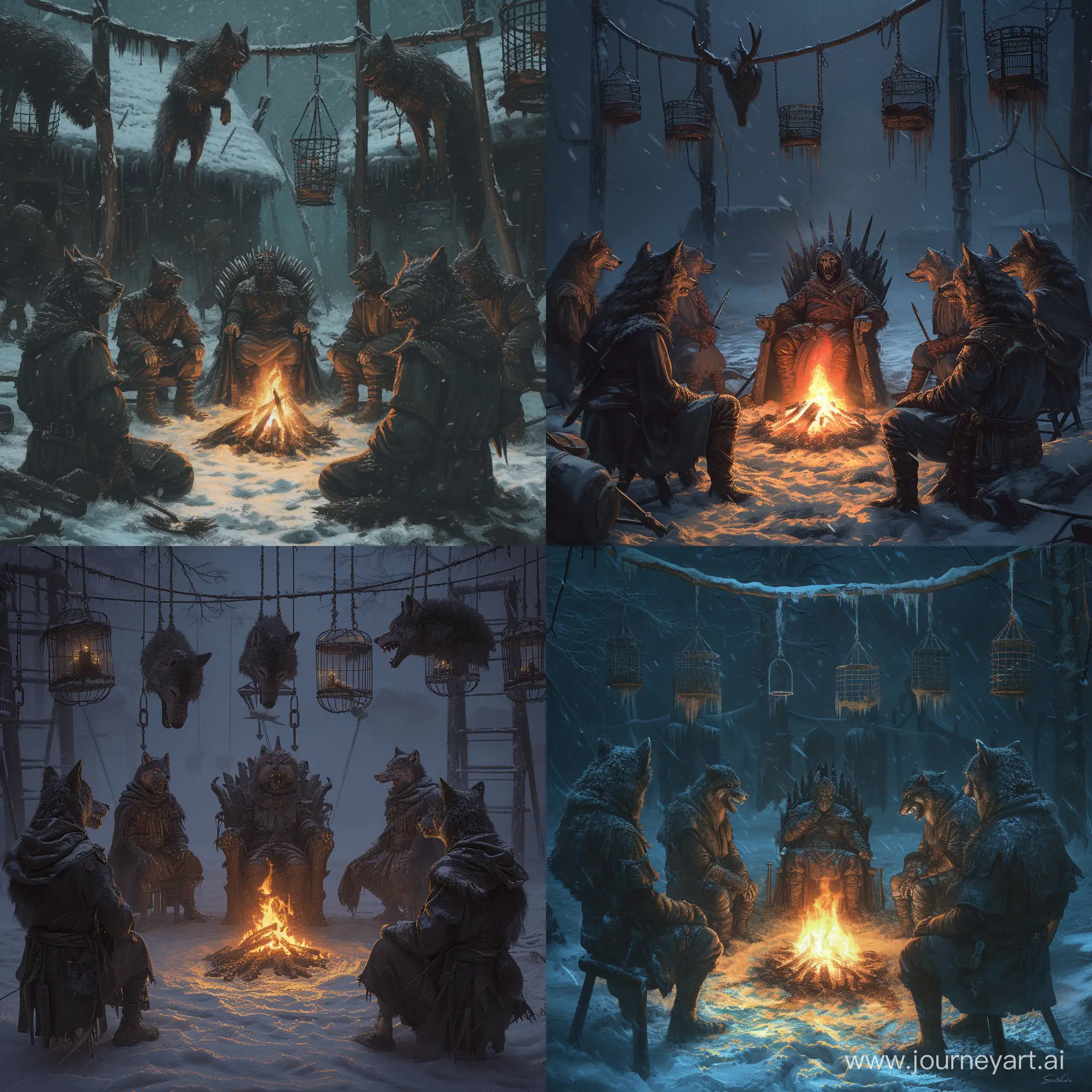 warriors with wolf's head and human body,circle around the fire,The leader of the wolves sitting on throne in the middle,in snowy horror camp,hanging Gibbet cages In the background,fierce,furious,irate,Detailed clothing.incredible detail,dark light,terrifying.