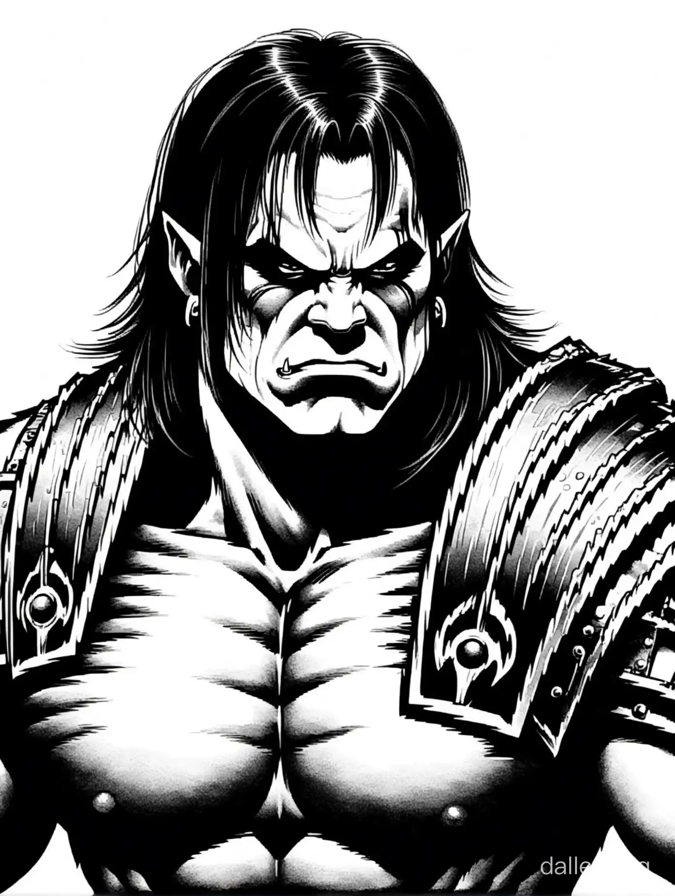 a Glenn Danzig:half-orc, ((((isolated on a white background, subject only)))),  close up, profile, block print, black and white ink, no gradients, 2bit bw, 3px black border, no trim, style of 1980 Dungeons and Dragons, by Doug Watson,