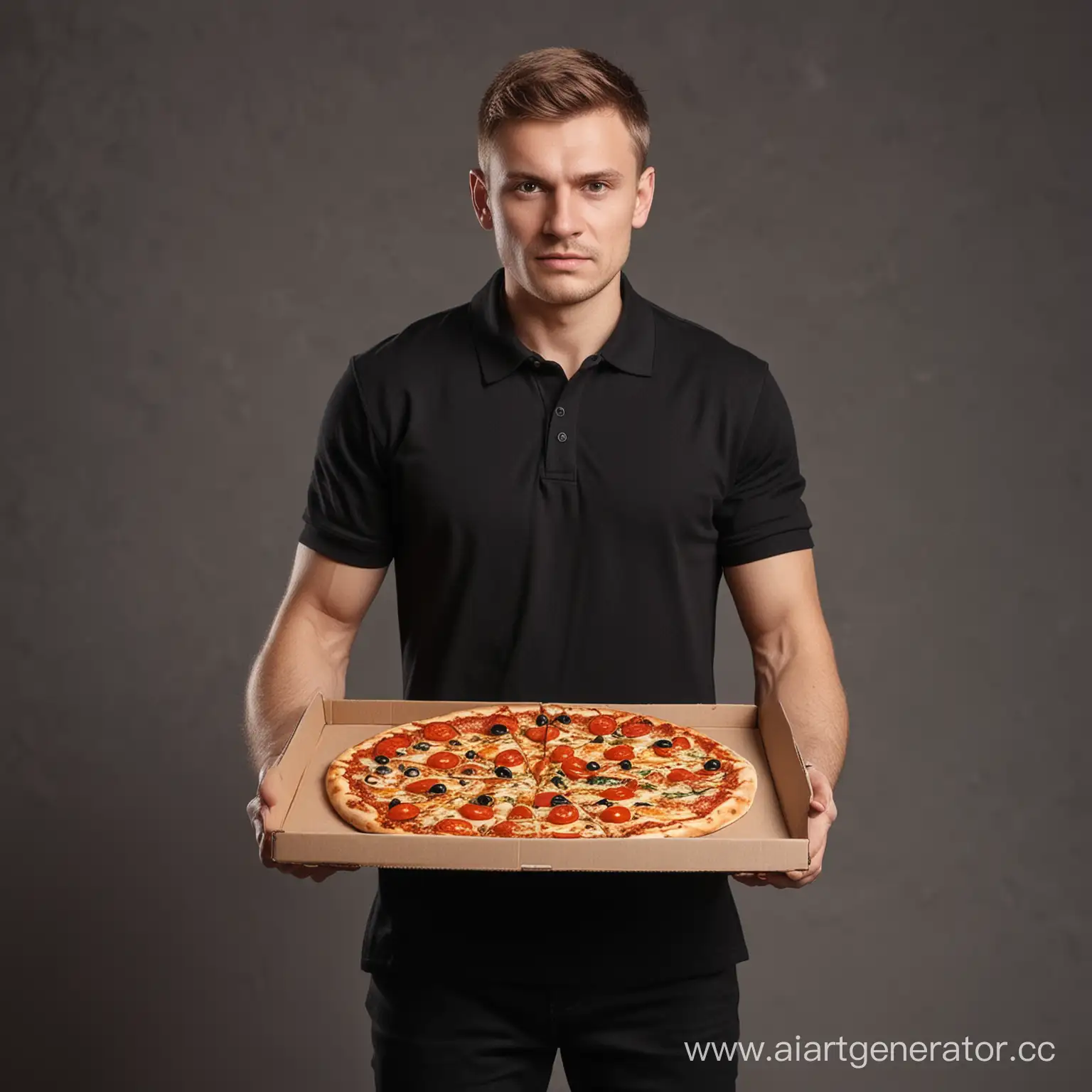 повар мужчина русский в черной футболке поло держит пиццу
