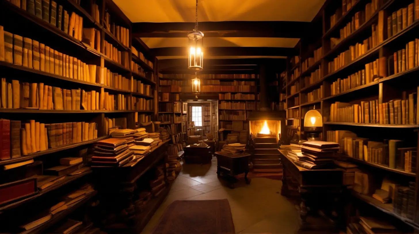 Antique Library Scene with Cluttered Shelves and Warm Lighting