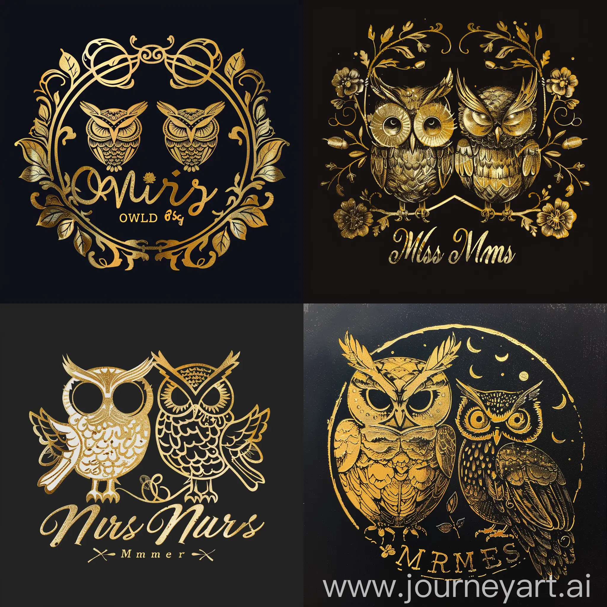 Golden-Miss-and-Mister-Owl-Logo-A-Majestic-Emblem-of-Wisdom-and-Elegance