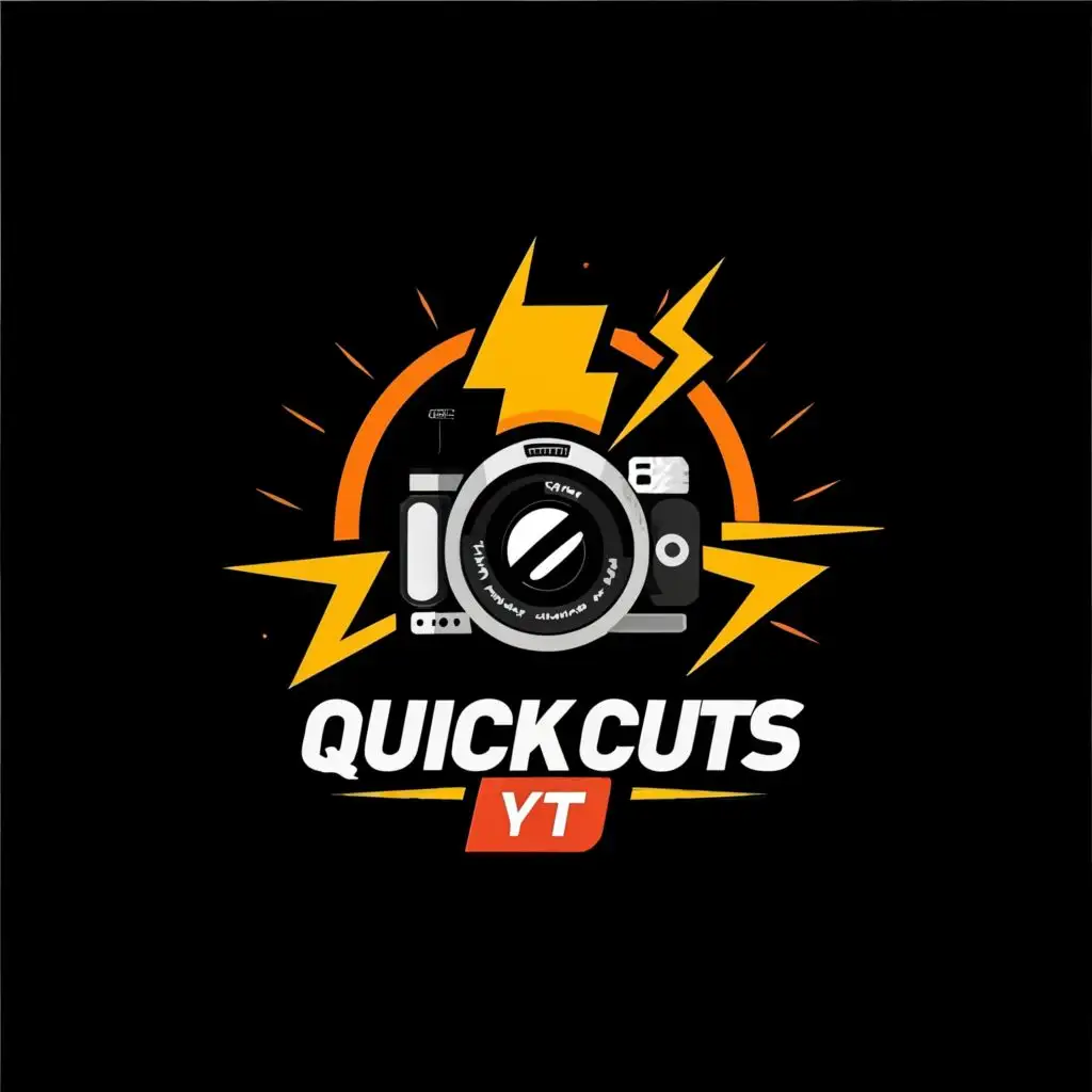logo, Lightning and camera, with the text "QUICK CUTS YT", typography, be used in Entertainment industry