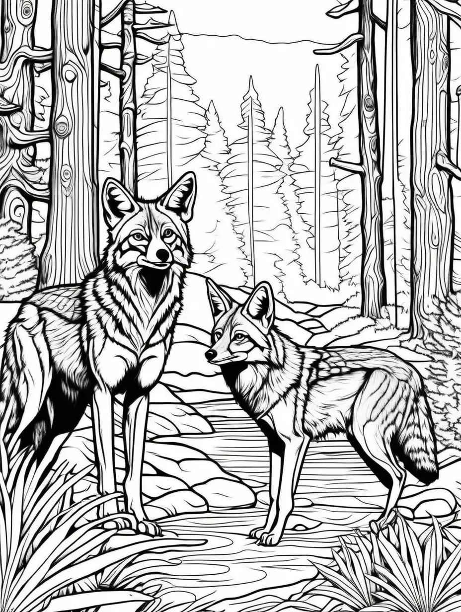 coloring page, Coyotes in the wildlife scene, forest, high detail, thick line, no shading