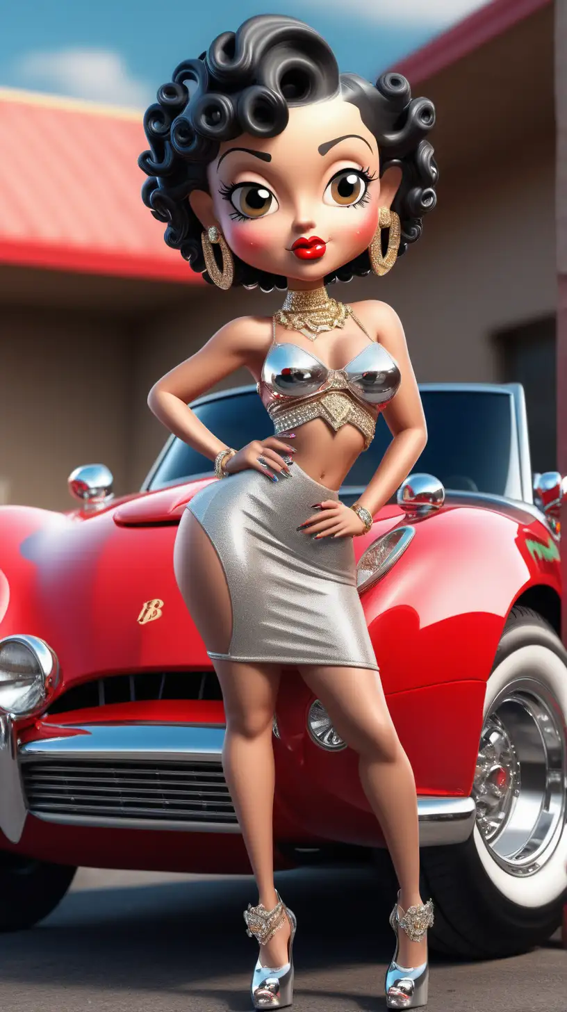 3d thick Light skinned Betty Boop short curled hair wearing bling standing next to an exotic car

