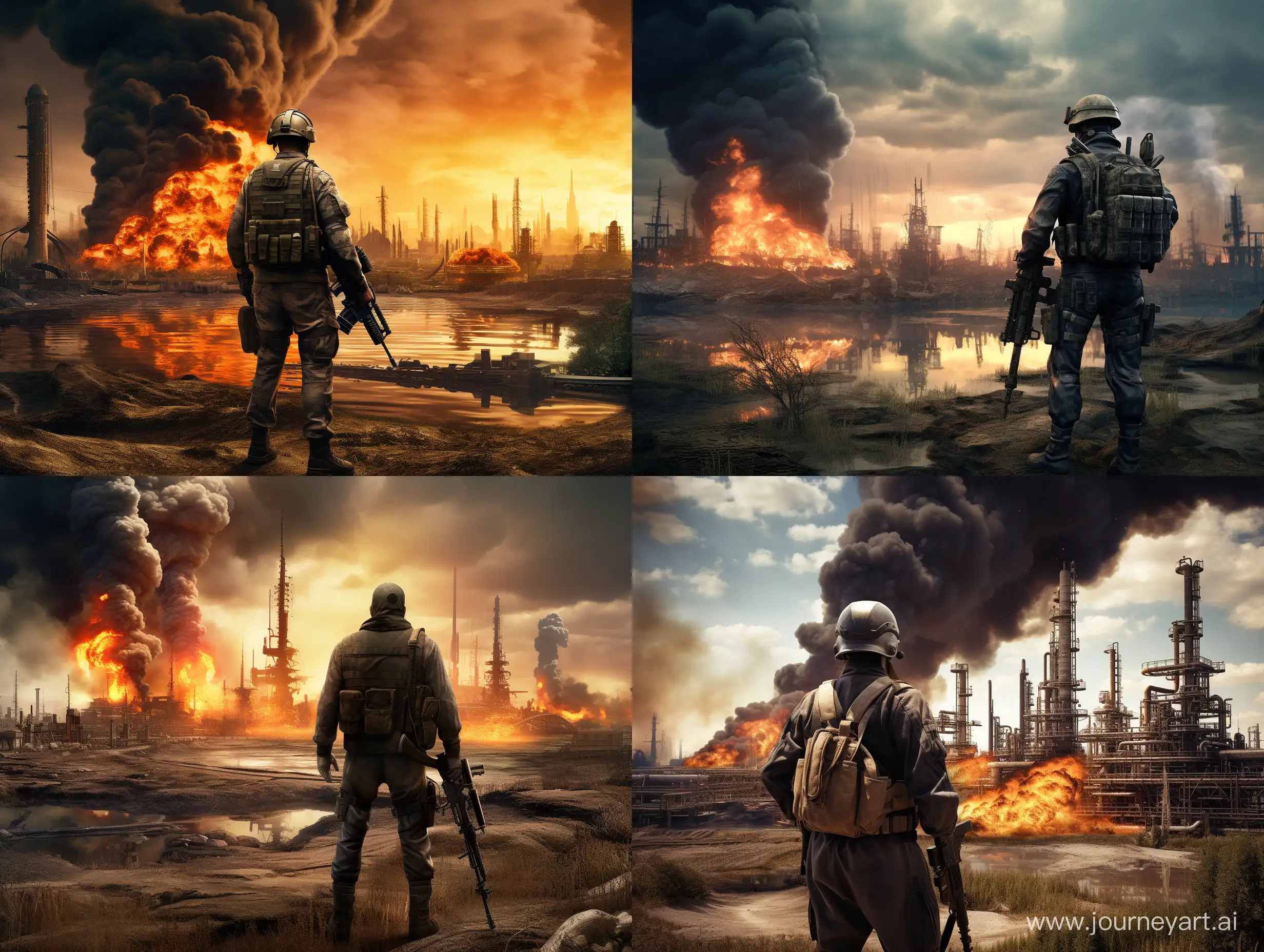 Determined-Soldier-Guarding-Amidst-Raging-Oil-Refinery-Fire