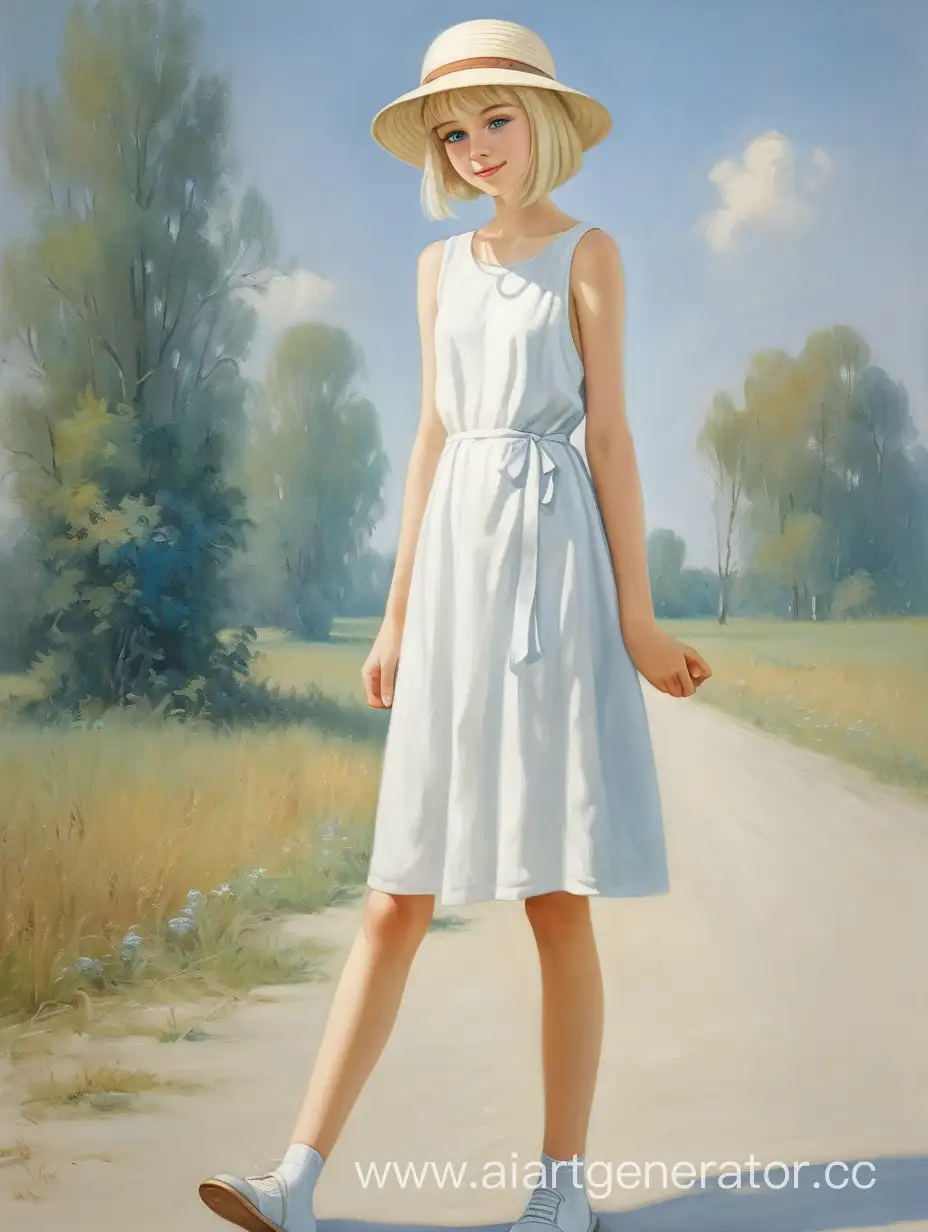 Russian-Girl-in-White-Dress-and-Panama-Hat-Slavic-Beauty-in-Impressionistic-Style