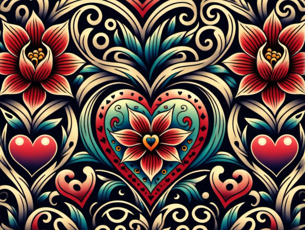 Pattern seamless,  Oldschool tattoo Design, flower, heart, 