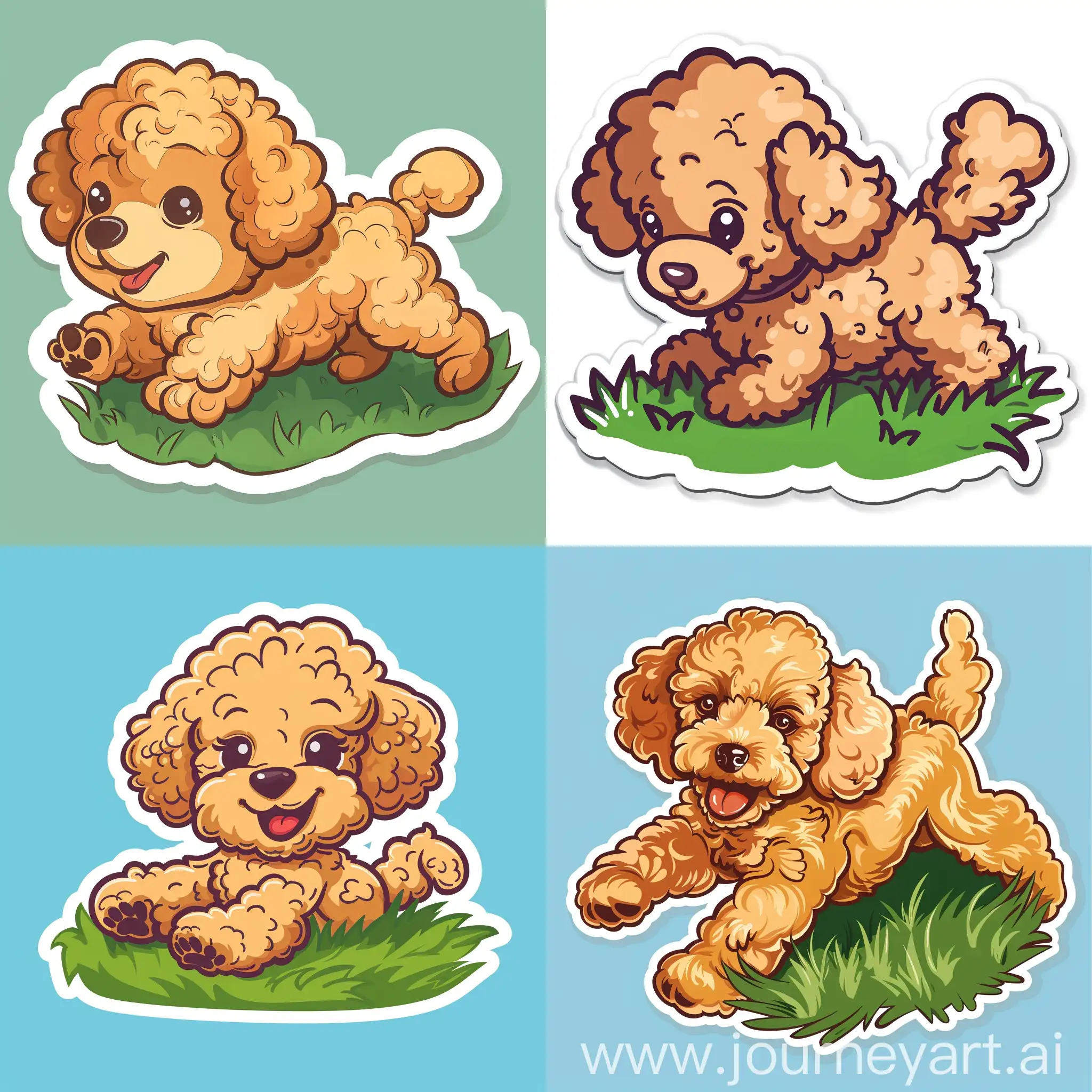 cartoon sticker of cute young poodle is playing on the grasse, high quality vector style