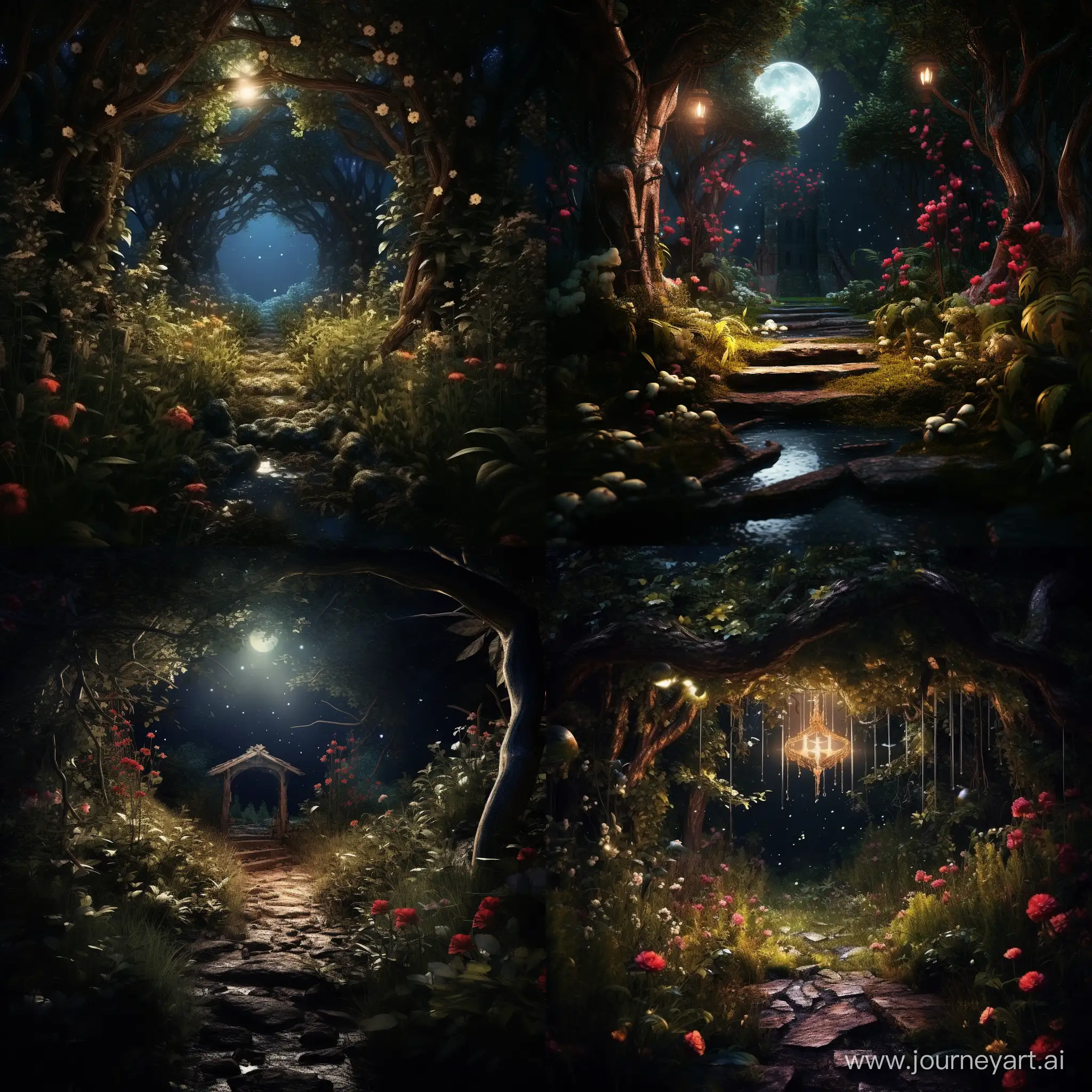 Secret garden in a forbidden forest, dark ambiance, bright moonlight, 4K