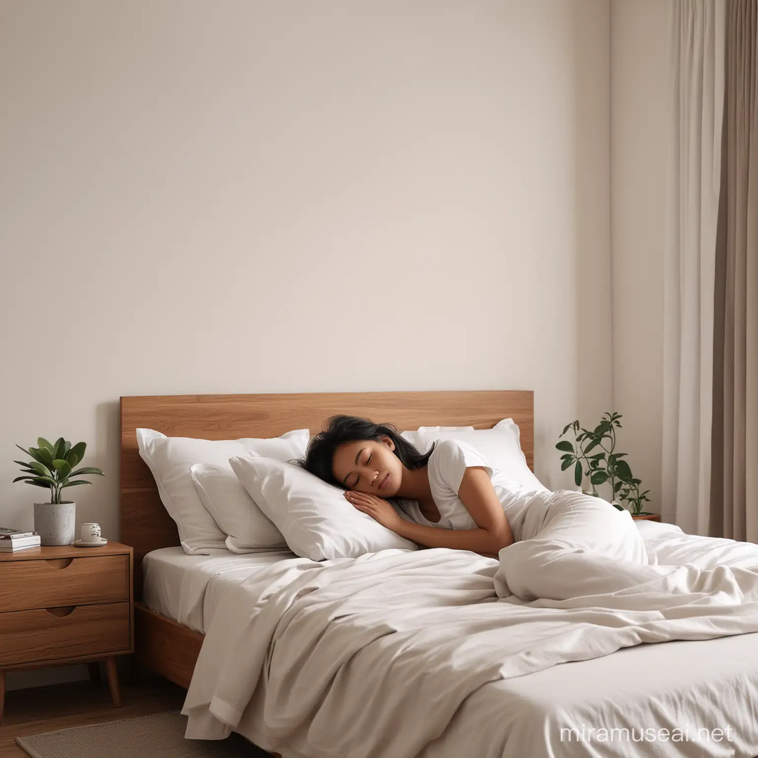 realistic, HD, young Indonesian girl, sleeping comfortably in a neat and minimalist bedroom
