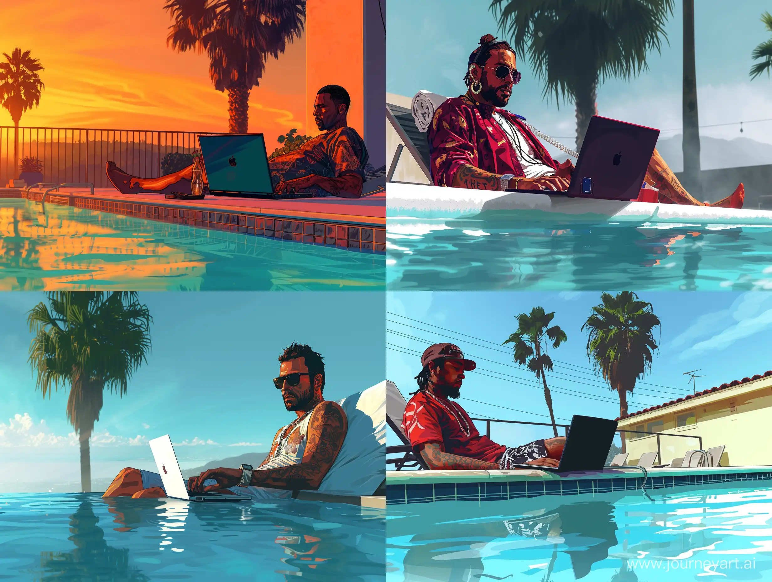 relaxing at the pool with a laptop, grand theft auto artstyle, loading screen, celshading, highly detailed, studio lighting