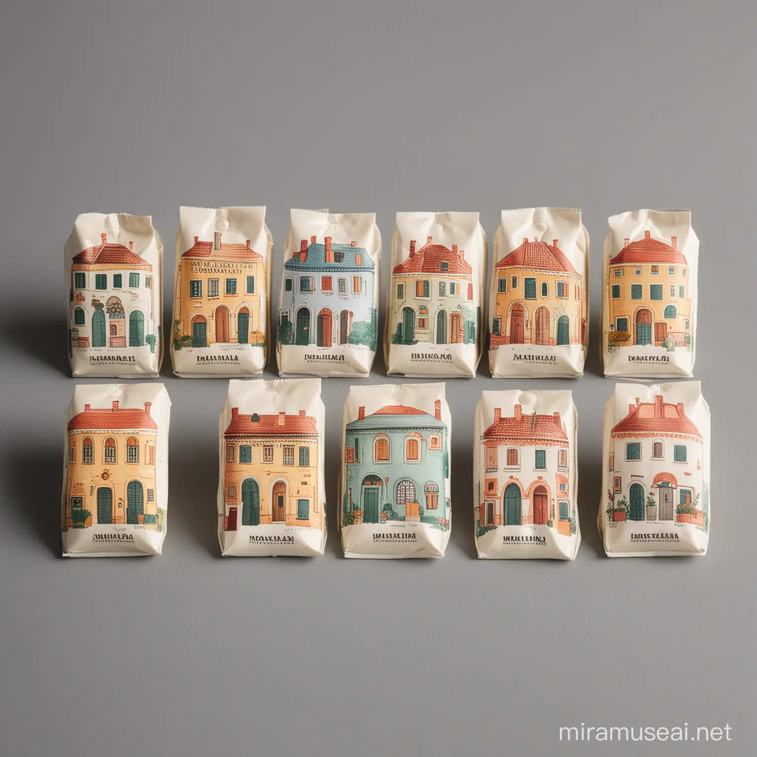 
Set of small milk packets with prints resembling Italian houses, forming a whole when placed side by side.