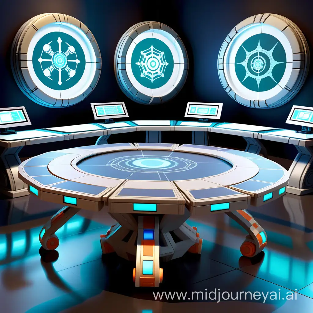 A large stage table is well-designed in a science fiction style used for the transforming toy's competition challenge.
