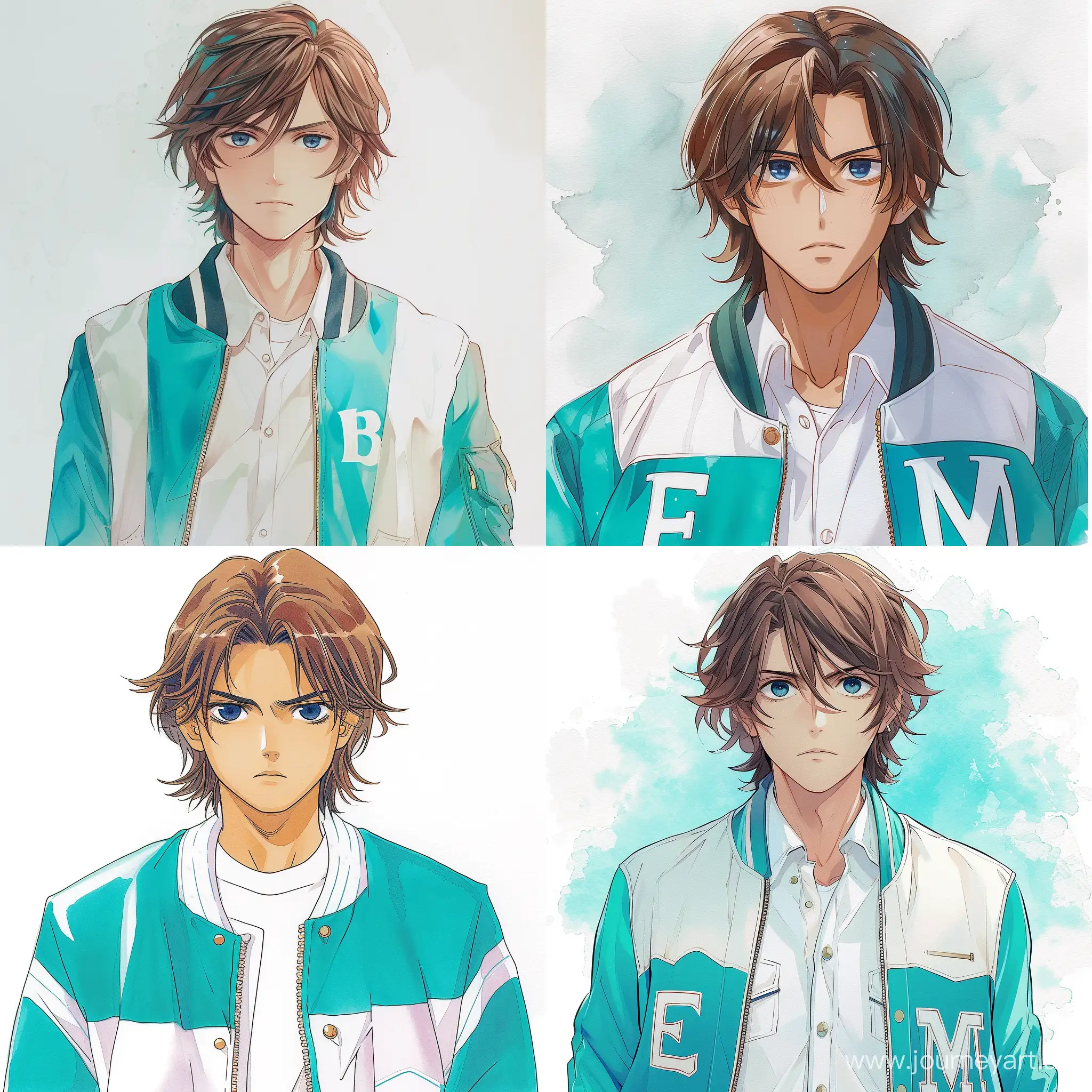 An anime face portrait of a light skinned teenage male with slightly long brown hair and navy blue eyes in a white shirt under a turquoise and white letterman jacket, anime, watercolor