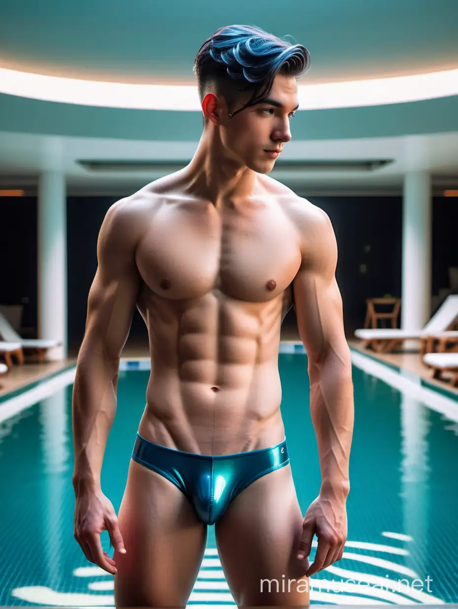 Futuristic Poolside Pose Handsome Man in Tight Rubber Swim Trunks