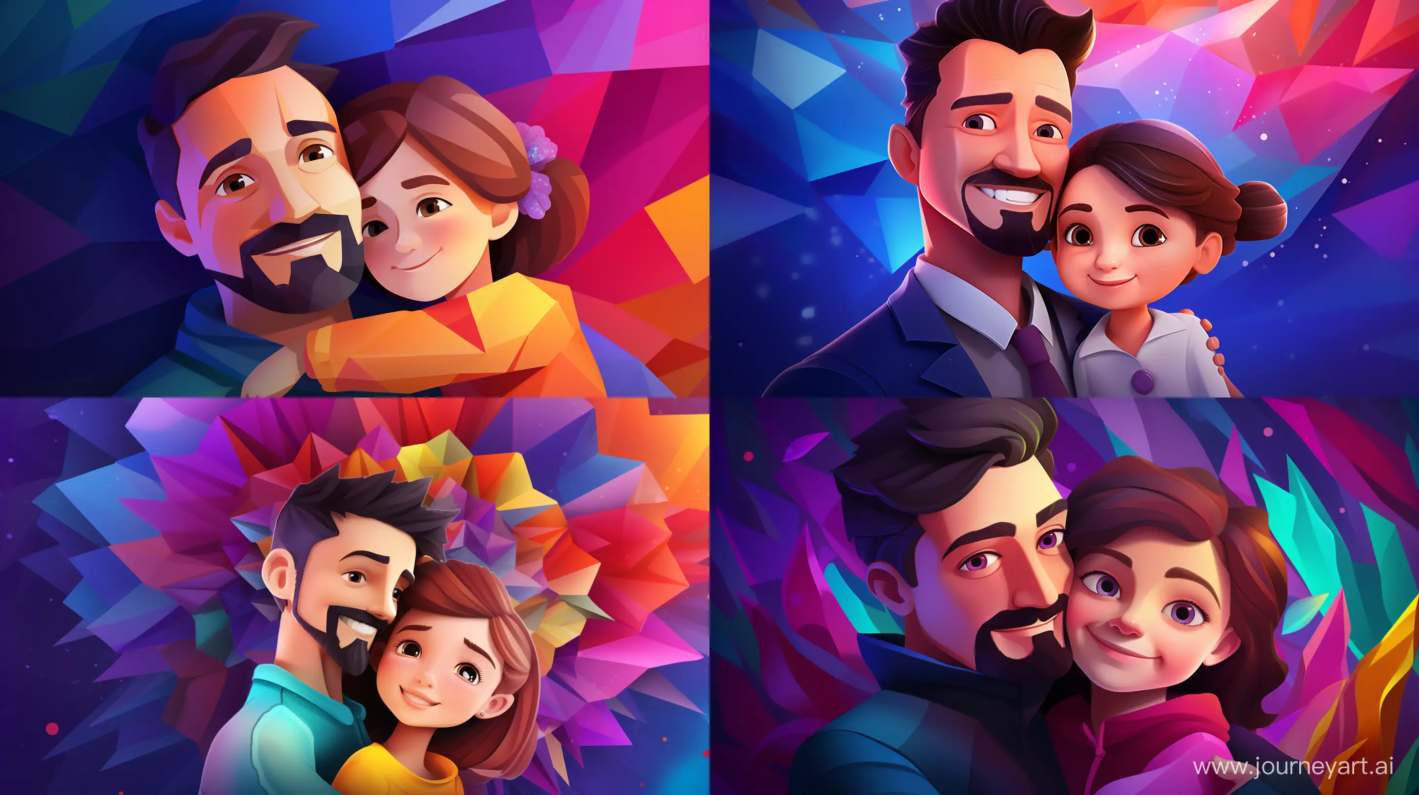 3D Cartoonic Picture of A Father and Daughter Kid In the arms of one another, Father has a moustache, Disney Studio Style, Abstract Background, Happy, Affinity Designer, Festive Color Theme, High Precision, Midjourney V6 --ar 16:9