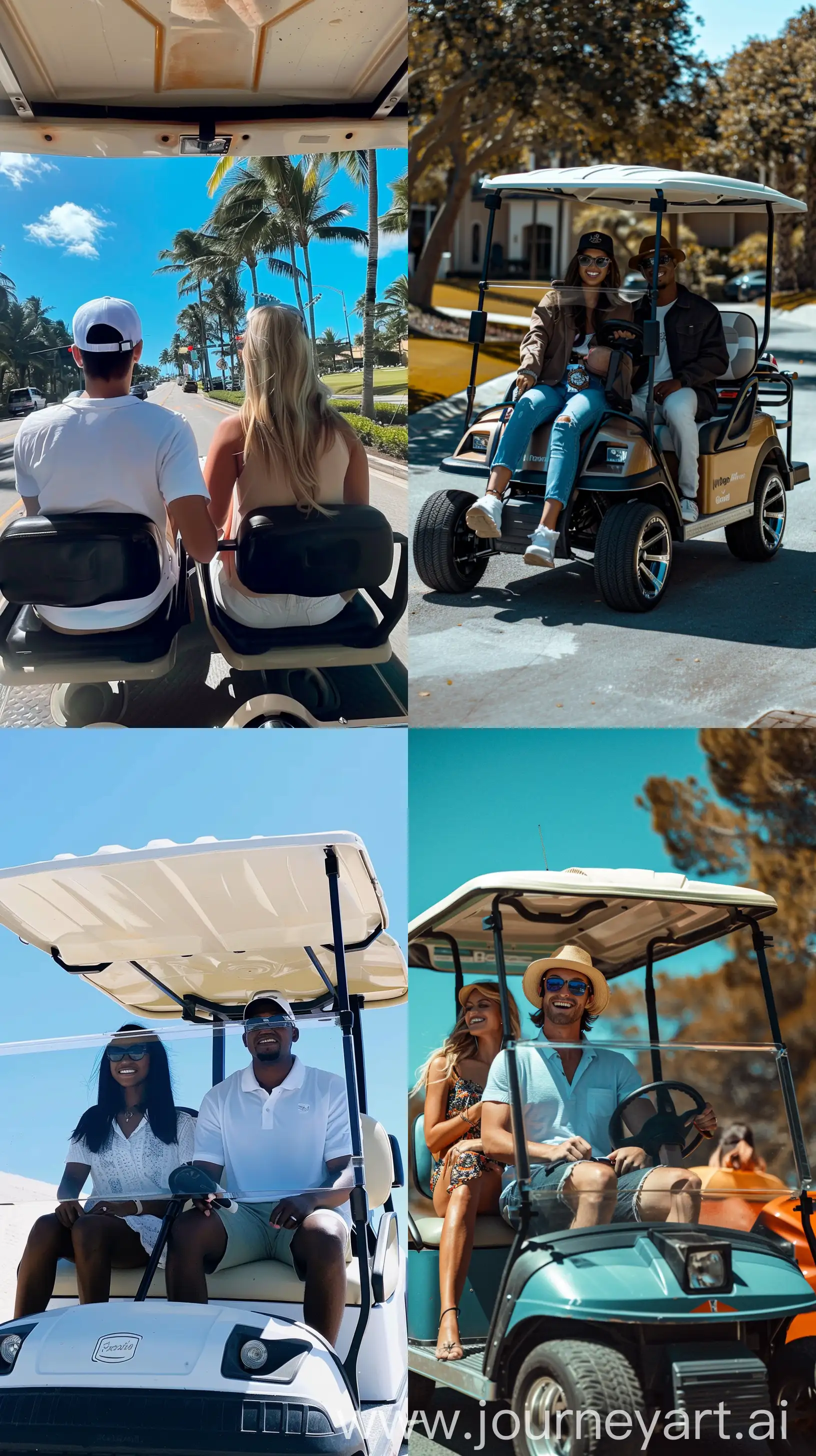 a couple riding a golf cart, posted on snapchat --ar 9:16 --v 6