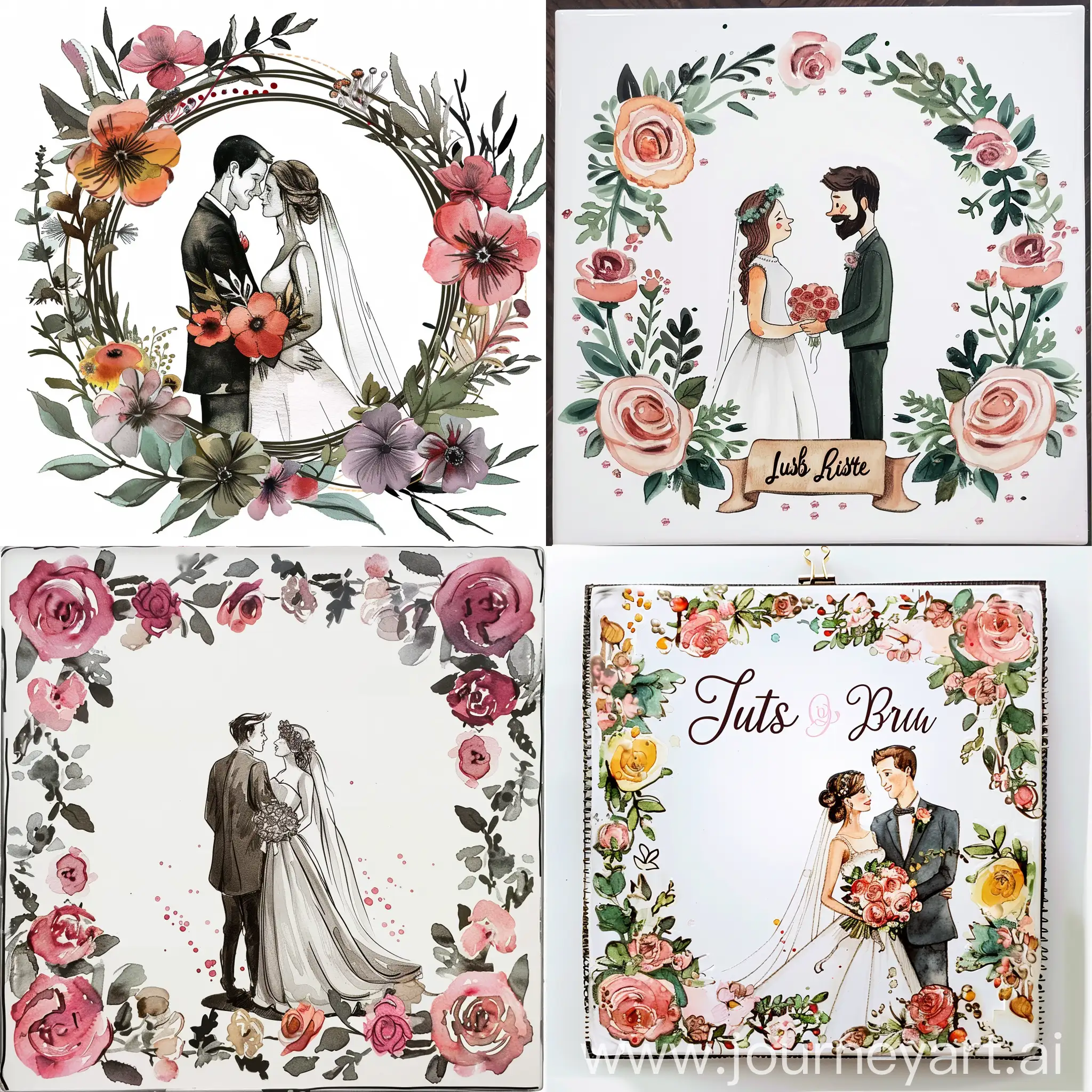 Detailed-Watercolor-Floral-Acrylic-Plaque-with-Just-Married-Couple