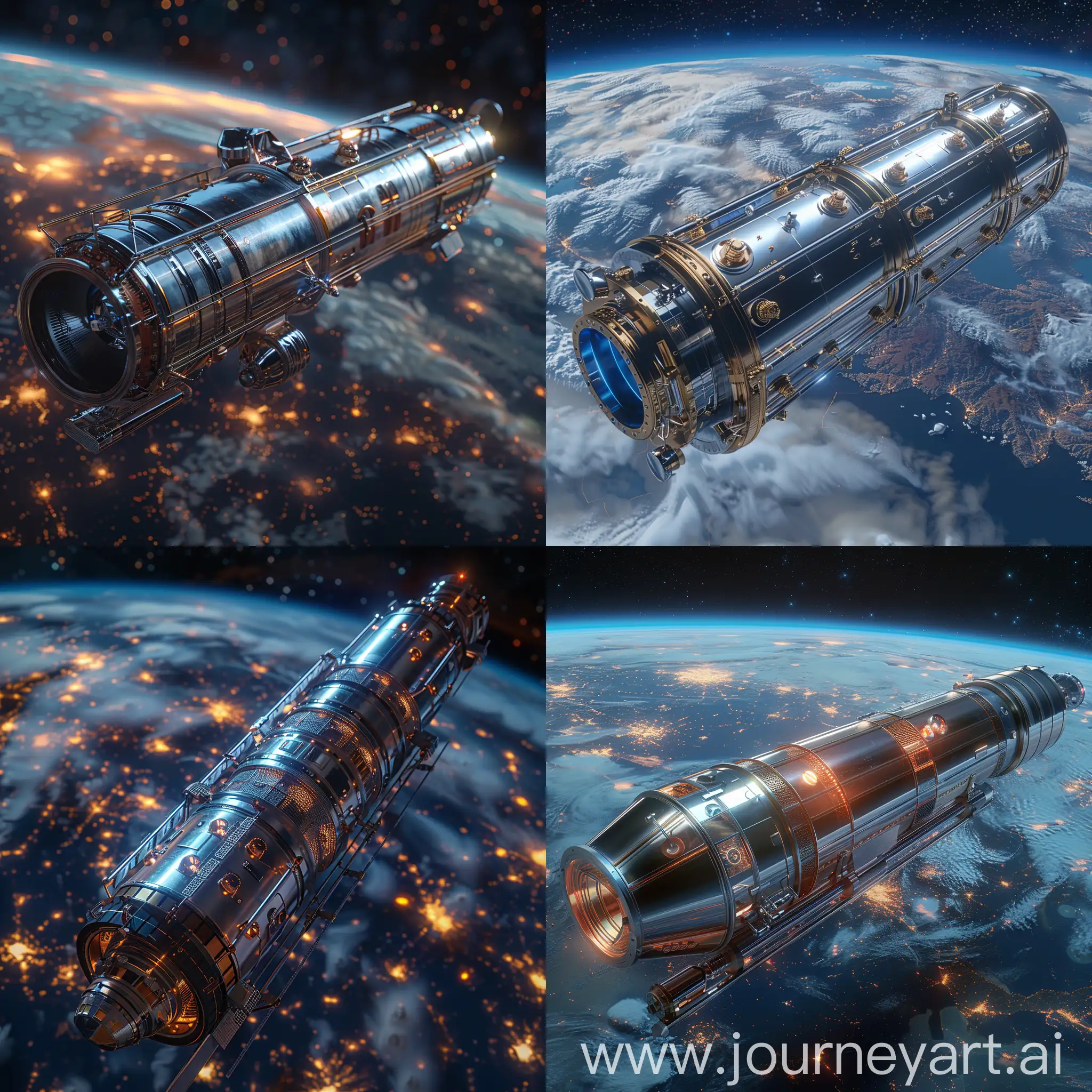 Futuristic space telescope in Earth orbit, ultra-modern, ultramodern, stainless steel and eco-friendly materials, smart materials, high tech, octane render --stylize 1000