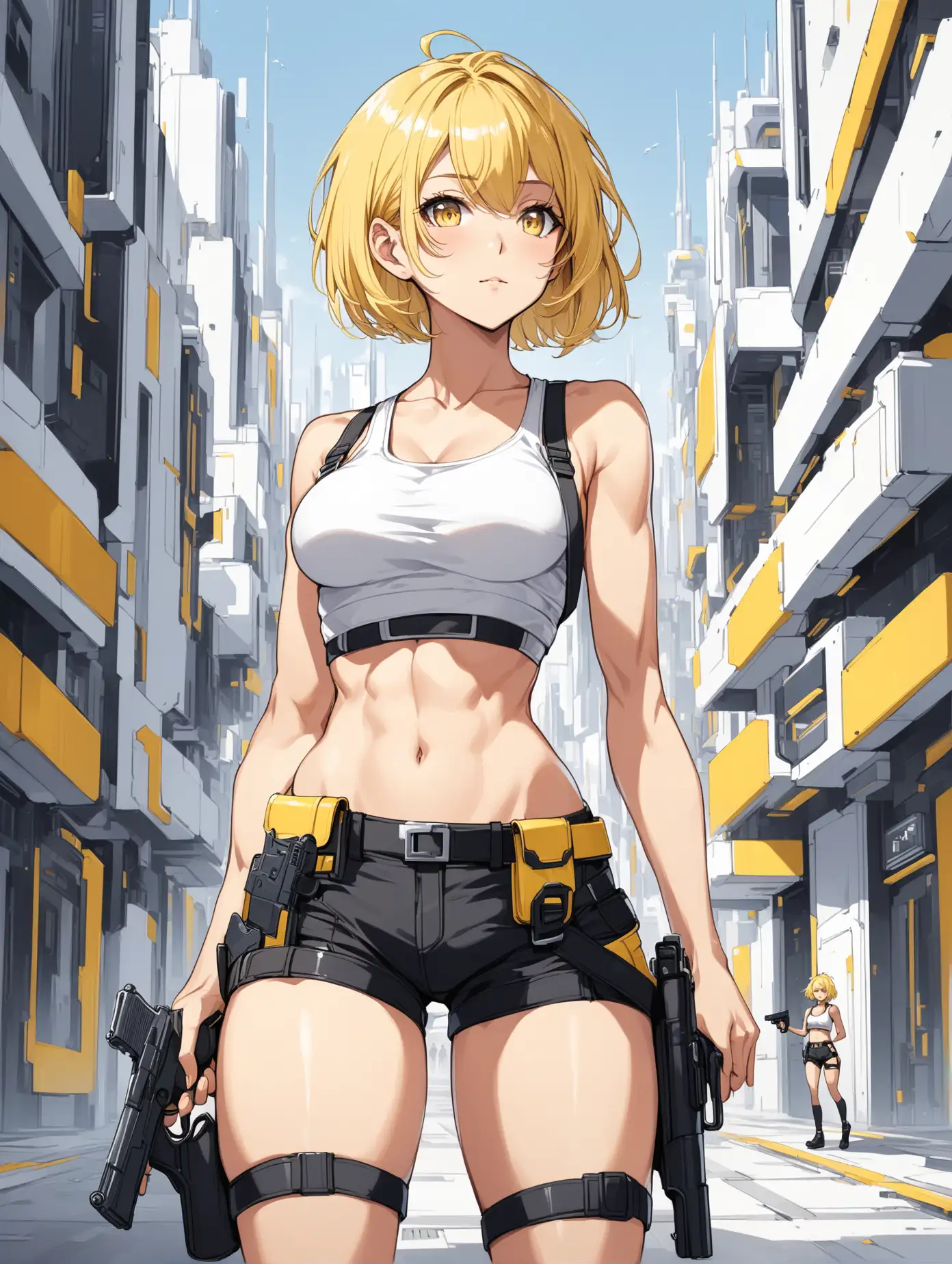 sexy fit 24 year old hero girl, short chin length yellow hair, holding handguns in futuristic town, toned body, short white tank top, sexy toned midriff, wearing suspenders, black shorts, holsters on each thigh, yellow black white 3 color minimal design