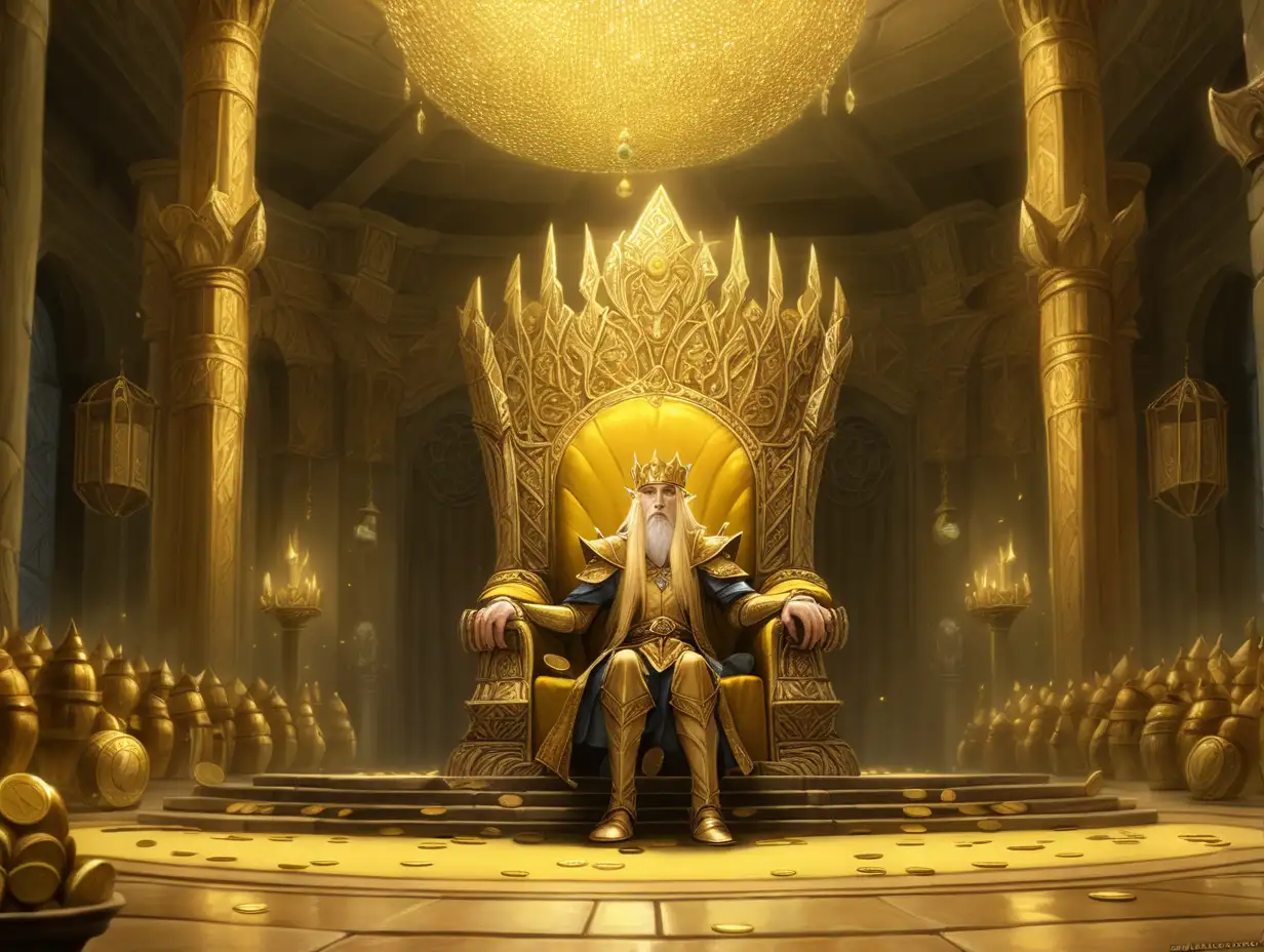 Regal HalfElf King on Golden Throne in Dimly Lit Chamber