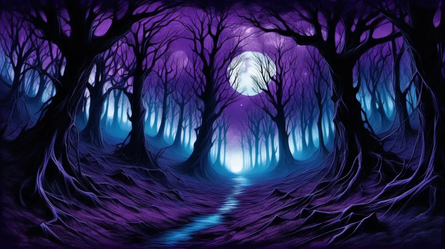 a shadow laden dark gothic magical realm  no moonlight magical forest with various shades of purple, blue and black desolate landscape