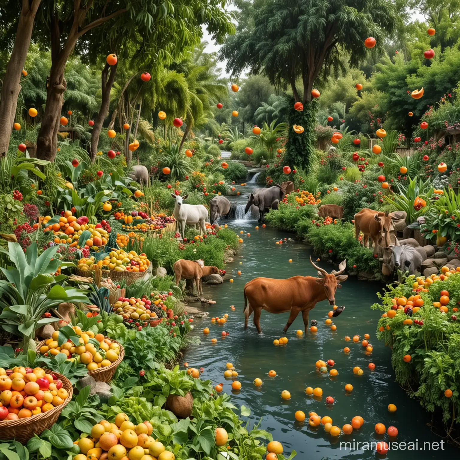 Lush Garden River Teeming with Exotic Fruits and Majestic Wildlife