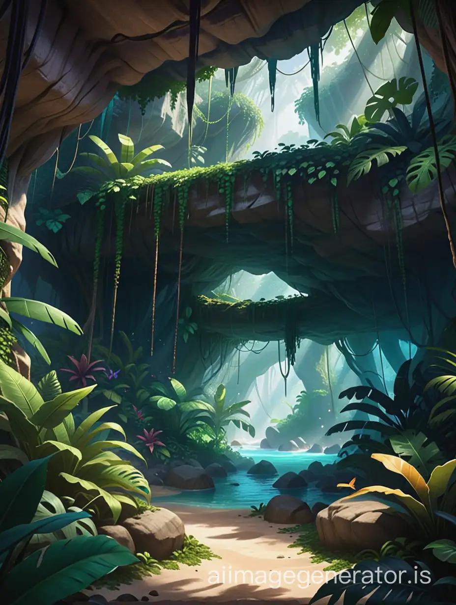 close-up view "disarrayed" jungle cave, realistic 2d , game background, architecture, 2d art, game illustration