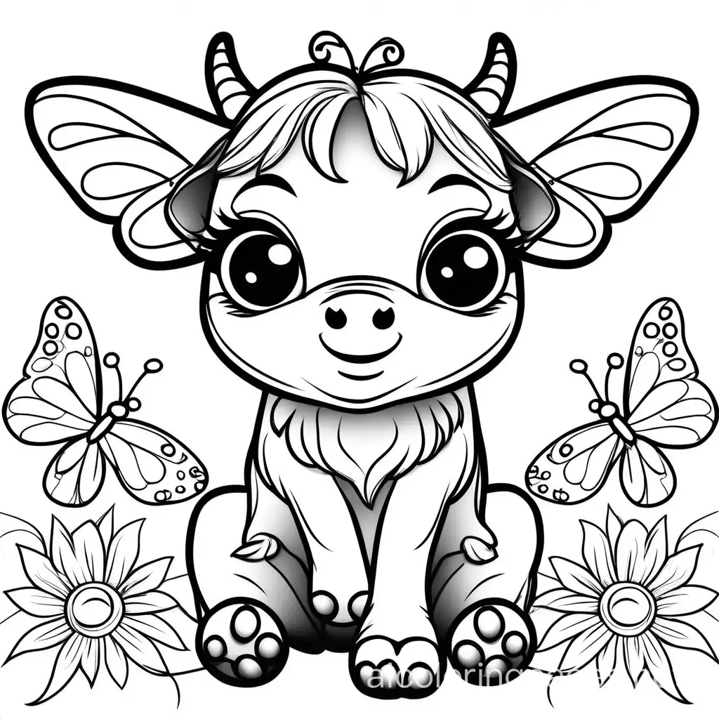 Baby girl highland calf long hair big eyes butterfly sitting on her nose  coloring page, Coloring Page, black and white, line art, white background, Simplicity, Ample White Space. The background of the coloring page is plain white to make it easy for young children to color within the lines. The outlines of all the subjects are easy to distinguish, making it simple for kids to color without too much difficulty