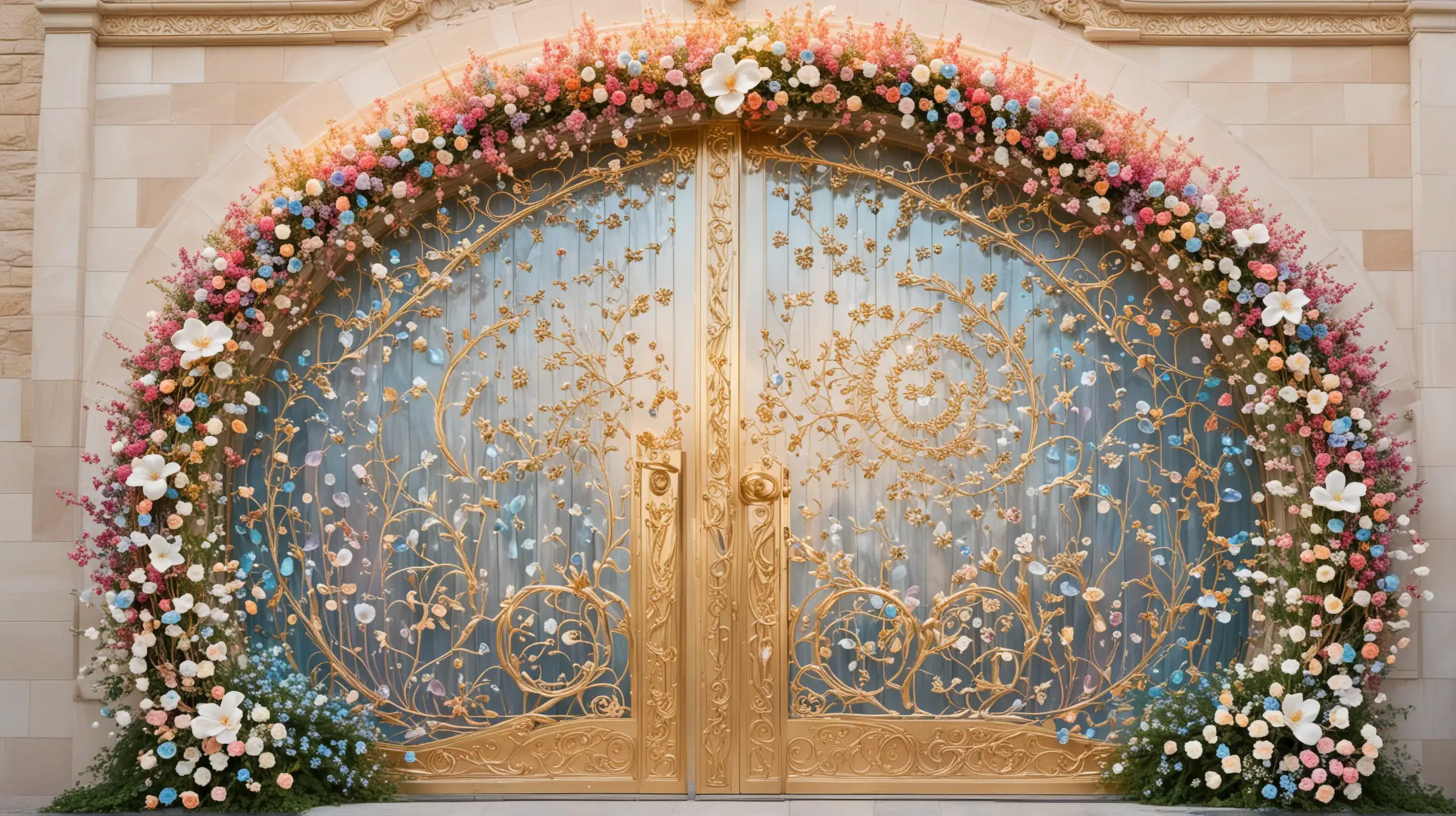 heavenly magical grand gate doors made of opal, moonstone, crystal, gold, flower vines in pastel rainbow colors